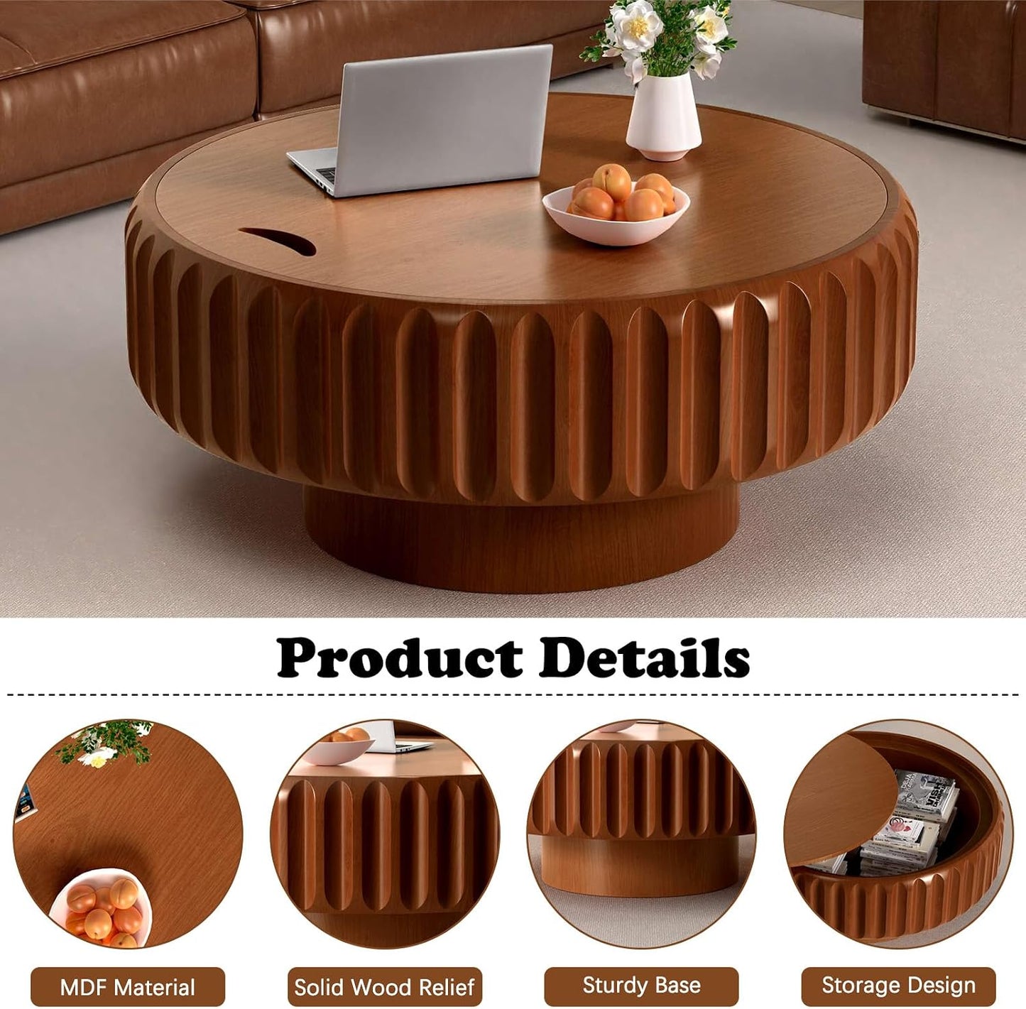 Round Coffee Table with Storage (Brown 31.5") | Handcraft Fluted Drum, Modern Circle Wooden Coffee Table, Cocktail Table for Living Room, Home Office Apartment