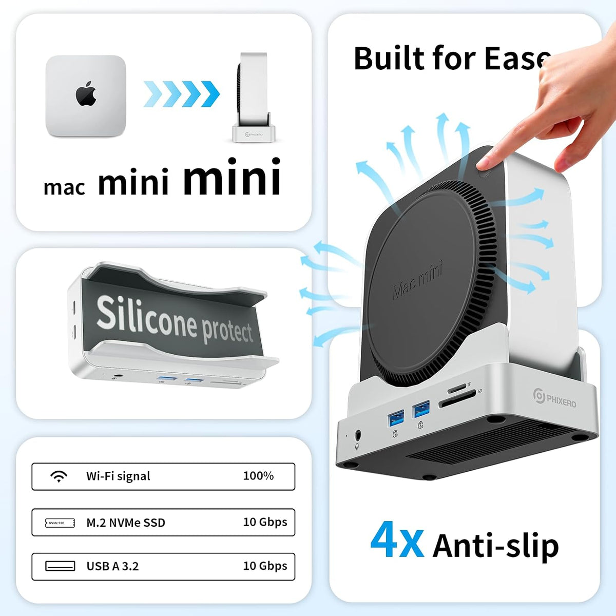 PHIXERO Mac mini M4 Dock and Stand with Up to 8TB M.2 NVMe SSD Enclosure 6-in-1 Aluminum Hub, 10Gbps USB-A&C, SD/TF Reader, Stand Docking Station for Mac mini M4/M4 Pro