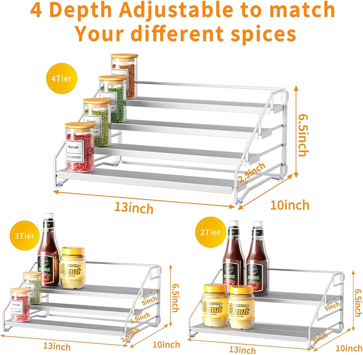 Spice Rack Organizer for Cabinet, Depth Adjustable 4 Tier Spice Rack,1 Pack