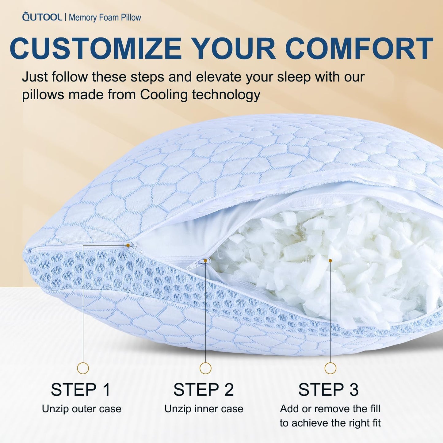 QUTOOL Enhanced Cooling Pillows for Sleeping, CertiPUR-US Shredded Memory Foam Pillows Queen Size Set of 2 for Hot Sleeper, Adjustable Bed Pillow for Side, Back, Stomach Sleepers Support Yet Soft Blue
