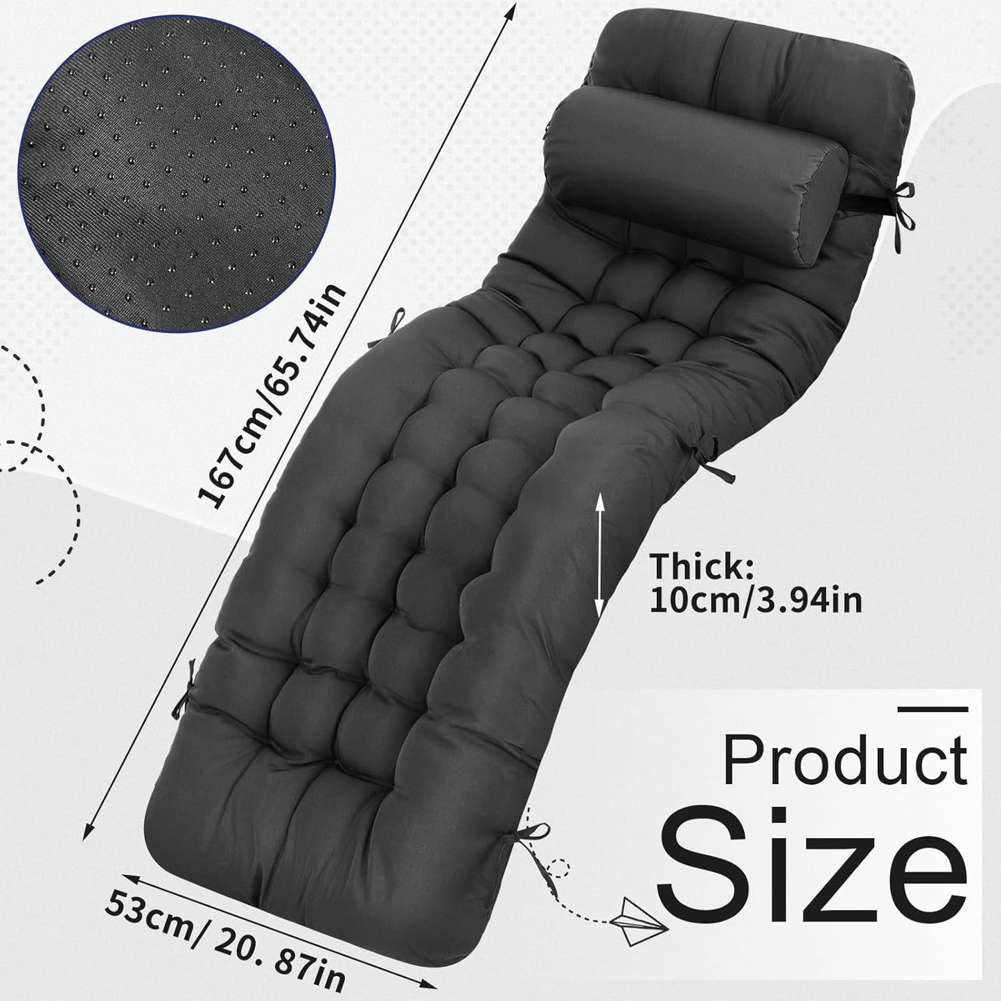 Tudomro Outdoor Chaise Lounge Cushion 66x21x4'' Waterproof & Fade-Resistant Patio Pool Chaise Lounge Cushion Headrest Pillow Tie Replacement Rocking High Back Chair(Charcoal Gray,1 Pcs)