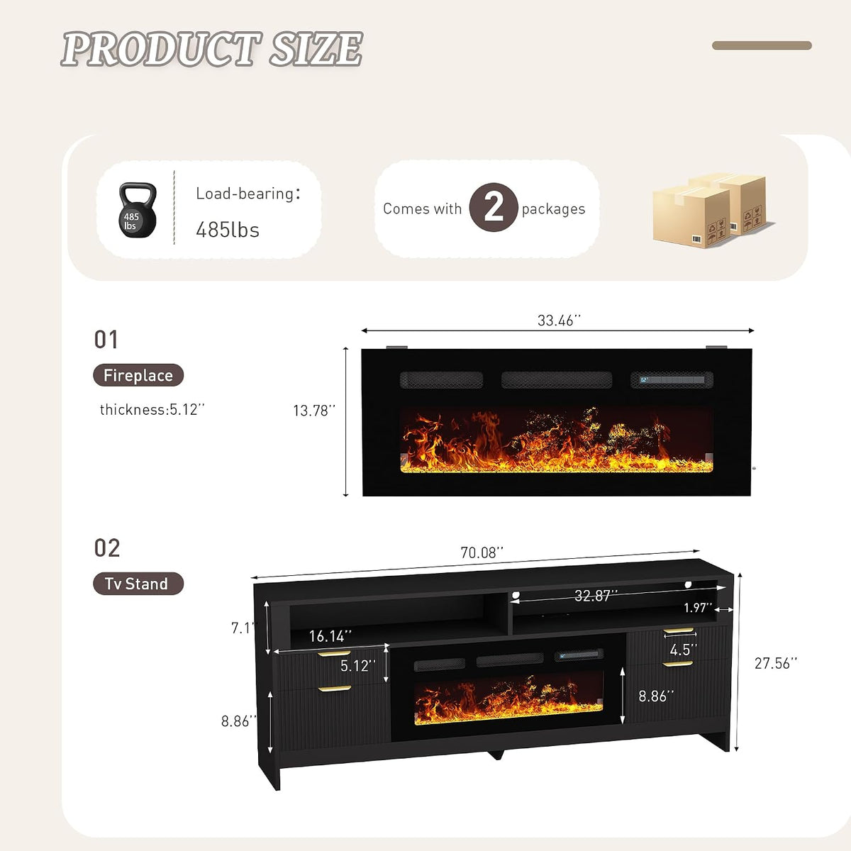 Fireplace TV Stand with 36" Fireplace Up to 80" TVs, 70" Entertainment Center with LED Lights, Storage Cabinets, Modern TV Console for Living Room,Bedroom (Black)