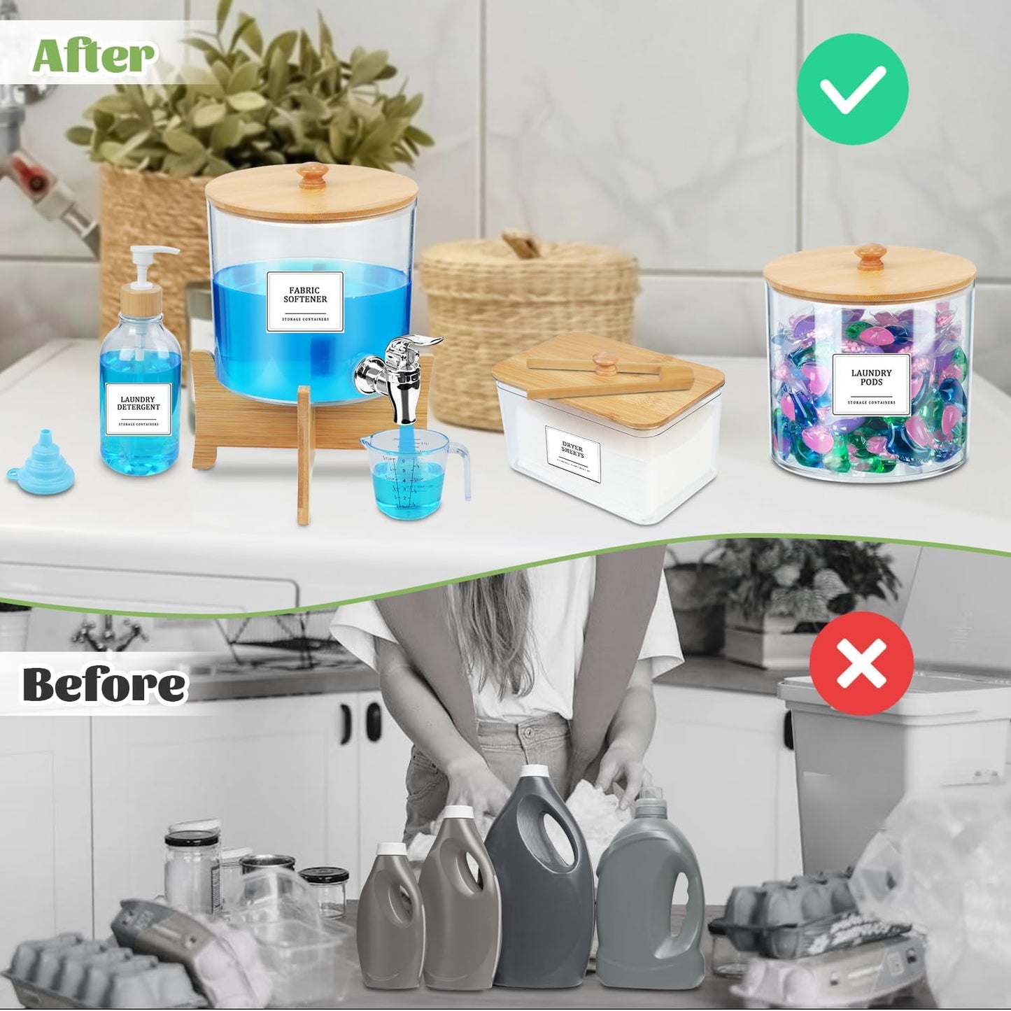 Laundry Room Organization Set 12, Laundry Pods Container & Dryer Sheet Holder with Lids & Labels, Liquid Laundry Detergent Dispenser, Fabric Softener Dispenser for Detergent Powder Dryer Balls Beads