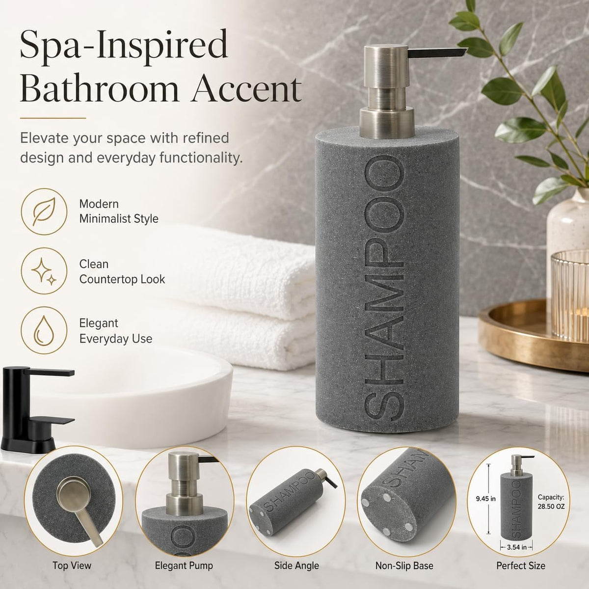 Resin Neutral Gray Sandstone Shampoo Engraved Bottle Refillable Pump Dispenser, Durable Waterproof Resin Construction for Bath, Shower - Gray Sandstone Satin Nickel Pump