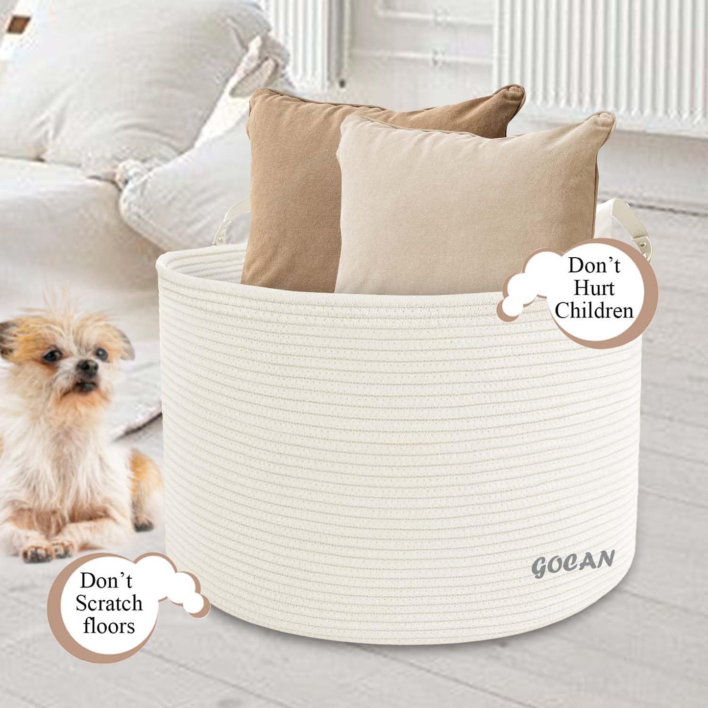 Cotton Rope Woven Laundry Basket 22"X 22"X 14" with handles（Cream）XXXL | Hand-woven, ideal for storing blankets and cushions in the living room, and clothes for household storage.