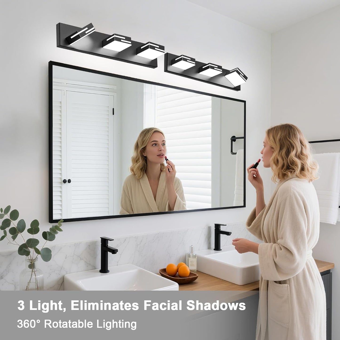 LED Modern Bathroom Vanity Light Fixtures, Dimmable Matte Black Vanity Lights for Bathroom Lighting Fixtures Over Mirror, with 360° Rotatable Acrylic Heads 3-Light 22-inch (Cool White 6000K)
