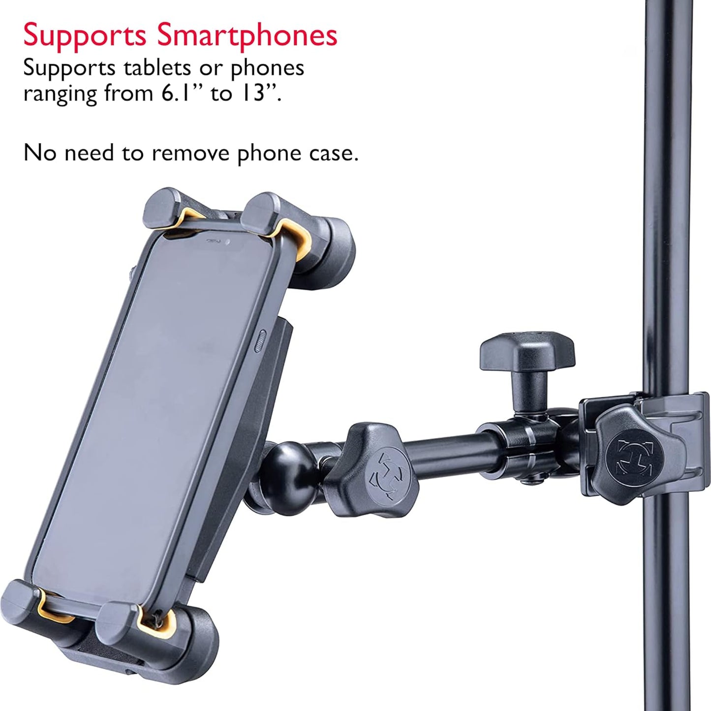 Hercules DG307B Adaptive Series 2-in-1 Smartphone/ Tablet Holder, 6.1” to 13”, Attaches to Desk, Round & Square Tubes, w/ a Lumintrail Cleaning Cloth
