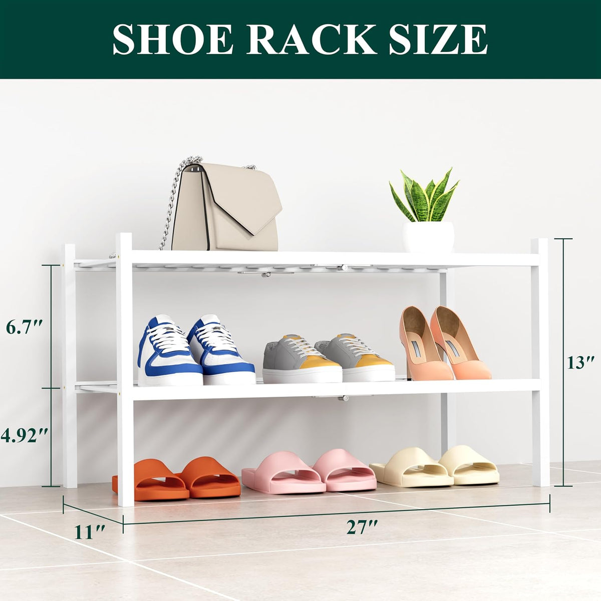 Smiry Bamboo Shoe Rack, 14 Vertical Slats, 2 Tier - 26.8" Wide, White