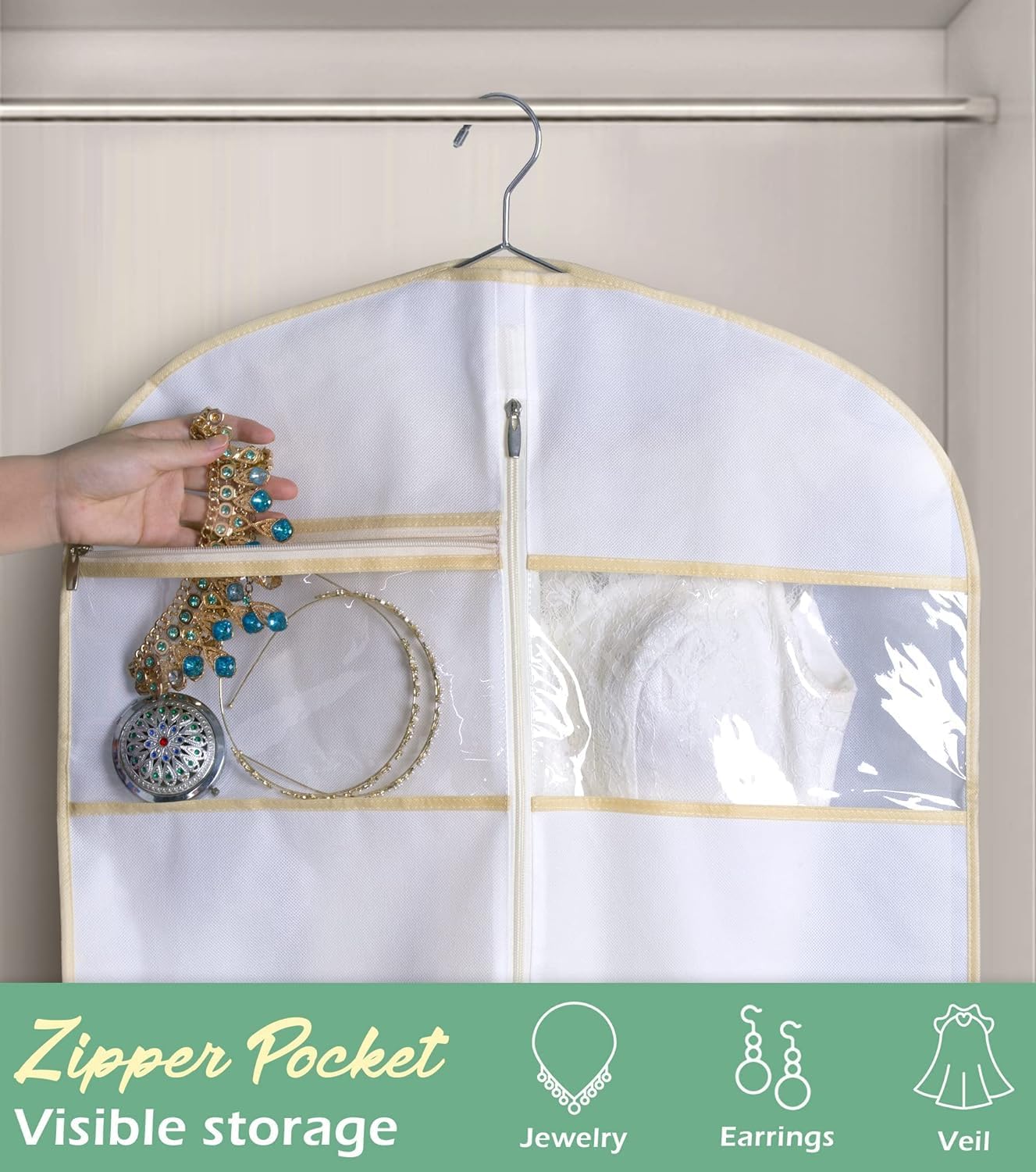 MISSLO 70" Bridal Wedding Gown Dress Garment Bag with Accessories Pouch Large Travel Garment Cover 8" Gusset (White)