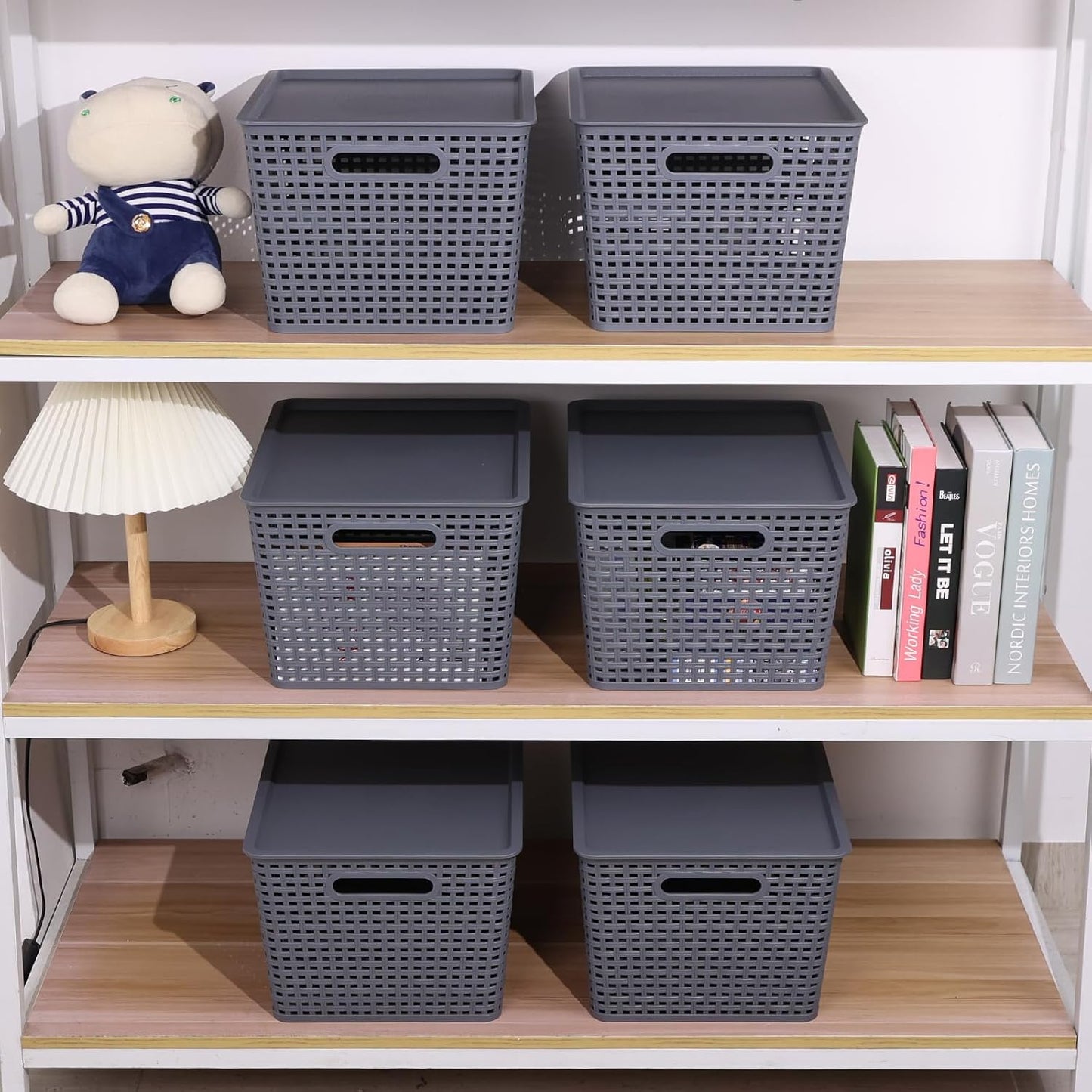 Xyskin Storage Bins with Lids, Stackable Plastic Basket Containers, 6-Pack