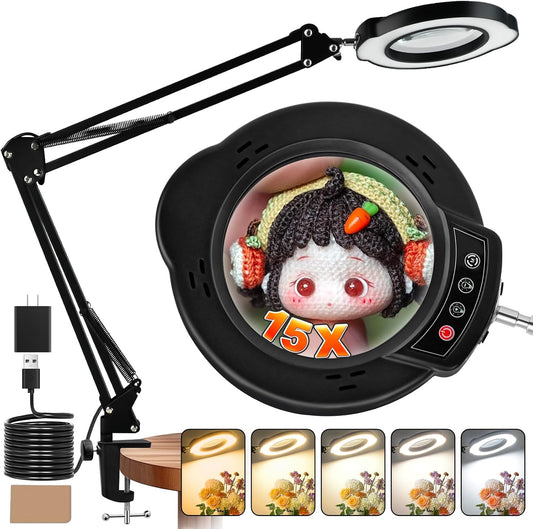 15X Magnifying Glass with Light and Clamp, Lighted Magnifying Glass Desk Lamp LED Magnifier Lamp with Light and Clamp 5 Color Mode 10 Brightness Dimmable Magnifier Lamp for Reading Close Work Craft