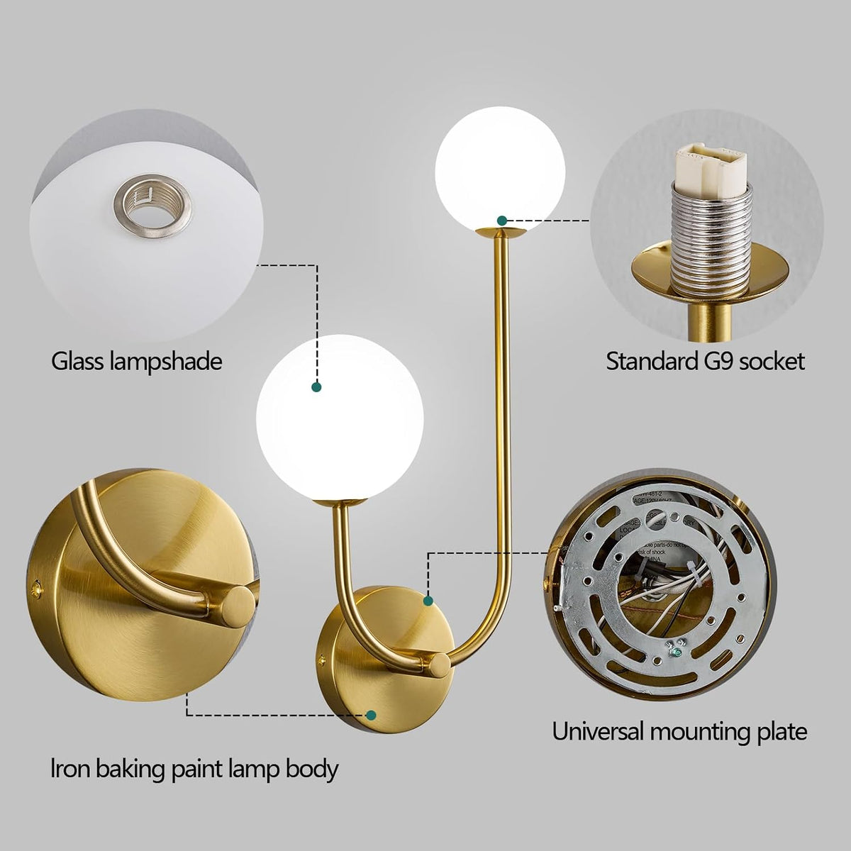 Milk Glass Wall Sconce Gold Wall Sconces Mid Century Modern Sconces Wall Lighting 2 Light Globe Sconce for Bedroom Living Room Hallway Wall Light Fixtures