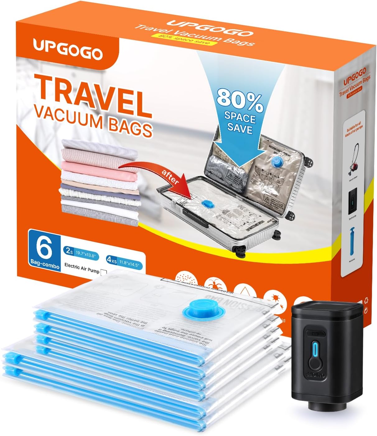 UPGOGO Travel Vacuum Bags Combo 6 Pack - Space Saver Vacuum Storage Bags for Clothing and Luggage