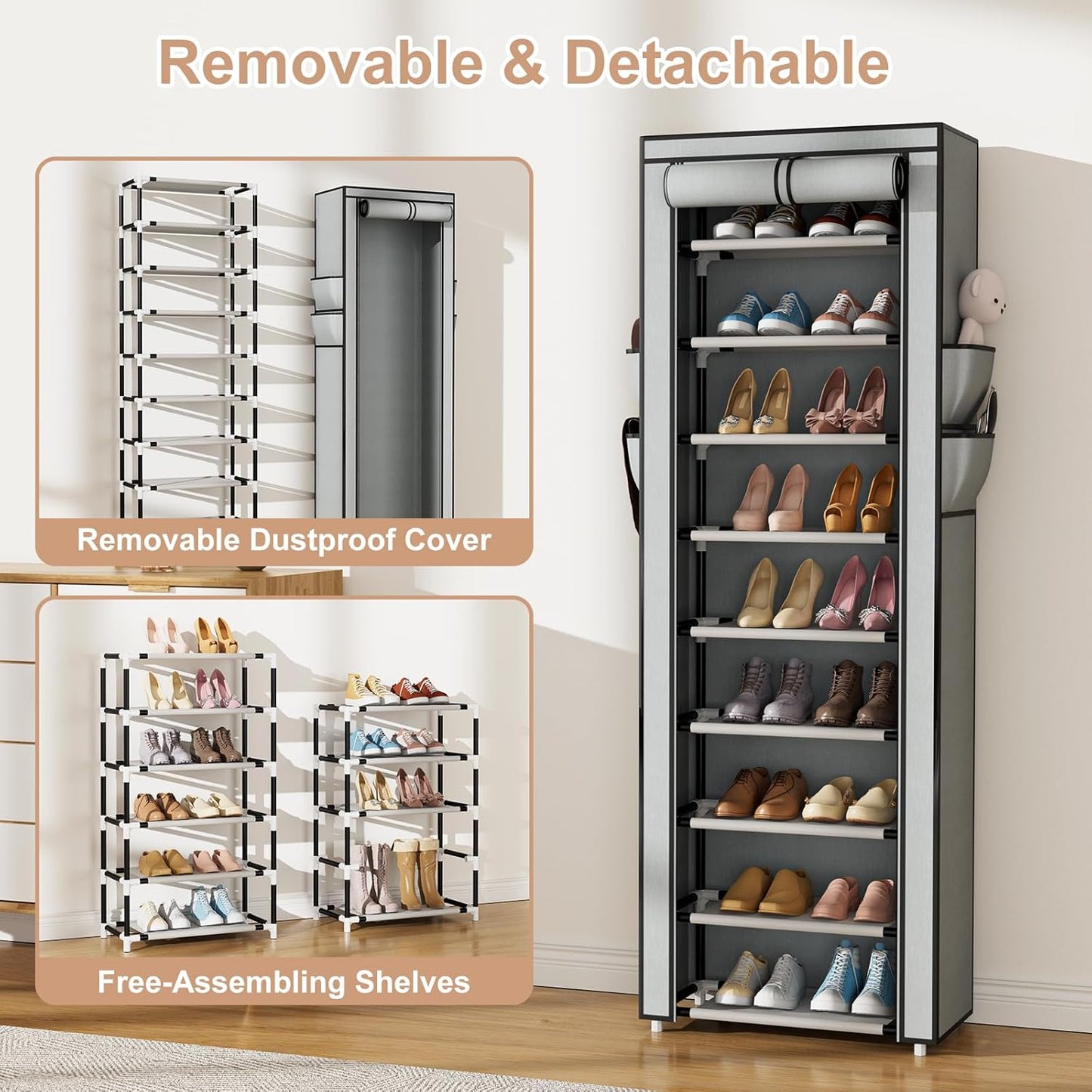 VILICK Shoe Rack with Cover Narrow Shoe Rack Organizer with 4 Side Pockets 10 Tier Tall Shoe Storage Shoe Shelf Holds 18-22 Pairs Shoes and Boots Shoe Rack for Closet, Grey