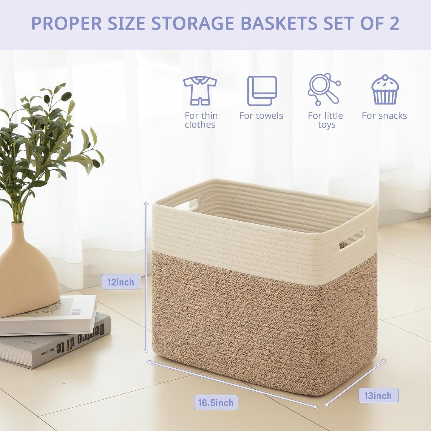 OIAHOMY 2 PACK Tall Storage baskets 42L Blanket Basket Living Room Brown | Large Collapsible Storage Bins Narrow Basket Baskets for Closet Organization Storage Baskets for Shelves Toy Storage Basket