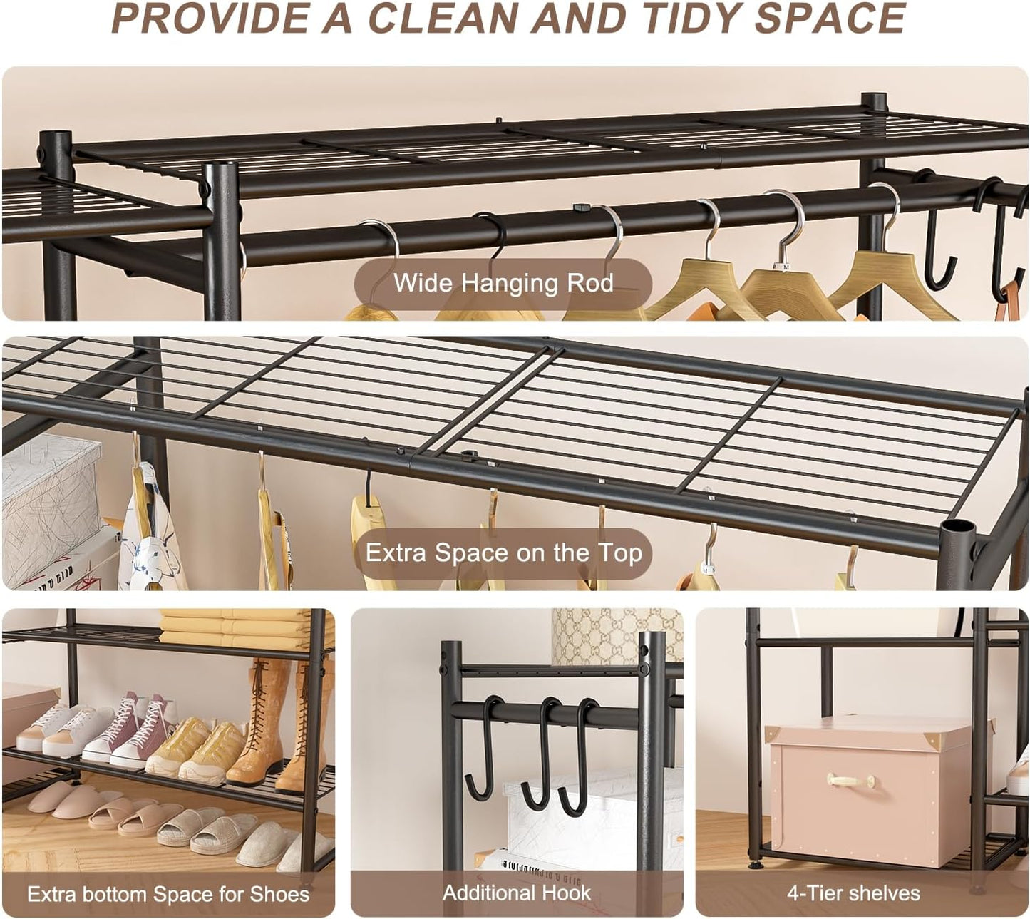 Neprock Wardrobe Closet, Portable Clothing Rack for Hanging Clothes, Free Standing Closet Organizers and Storage System with 4 Tiers Shelves for Cloakroom Bedroom, Black