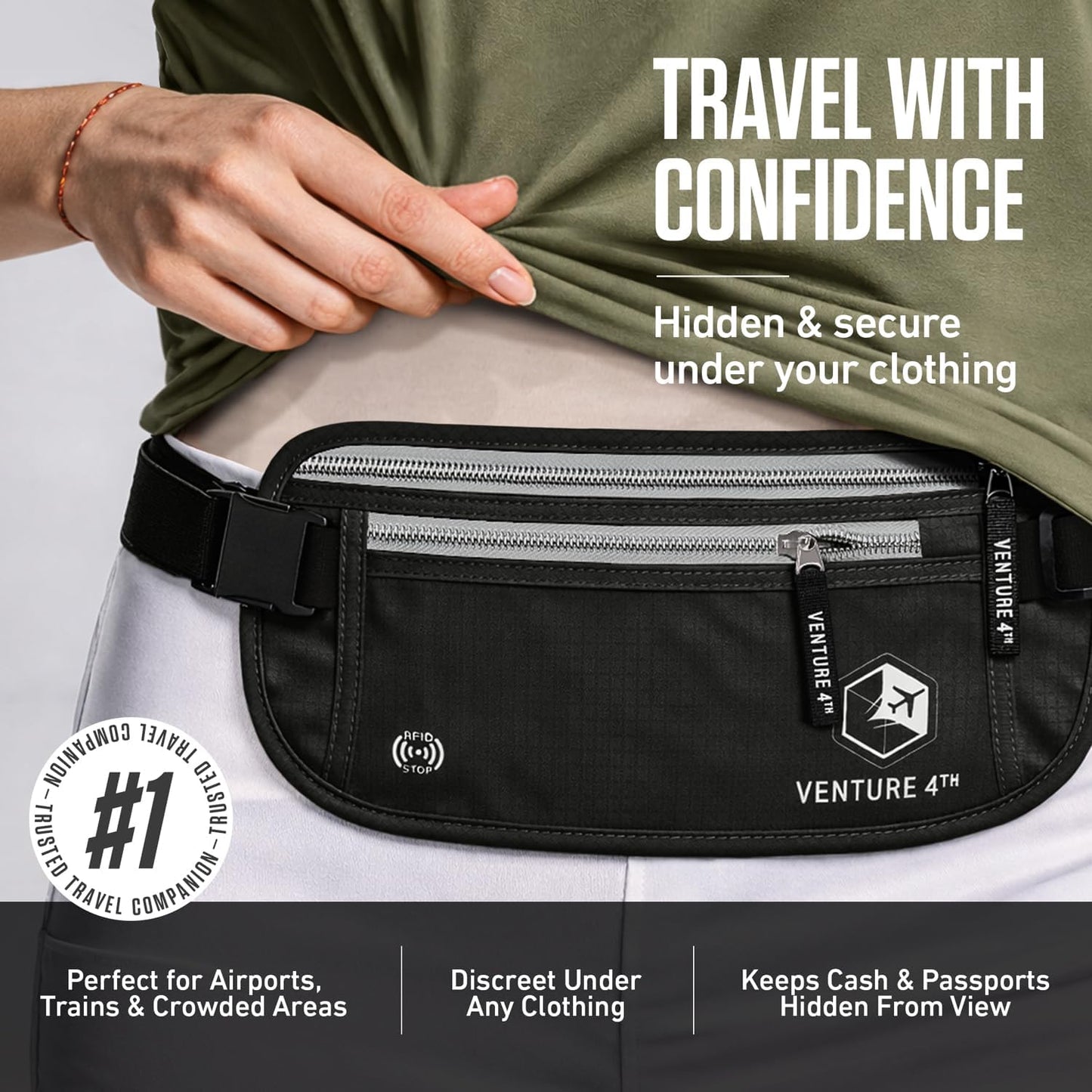 VENTURE 4TH Money Belt for Travel – Slim Hidden Under-Clothes RFID Blocking Anti-Theft Passport Holder & Travel Wallet Pouch for Men & Women to Protect Cash, Cards & Documents (Black)