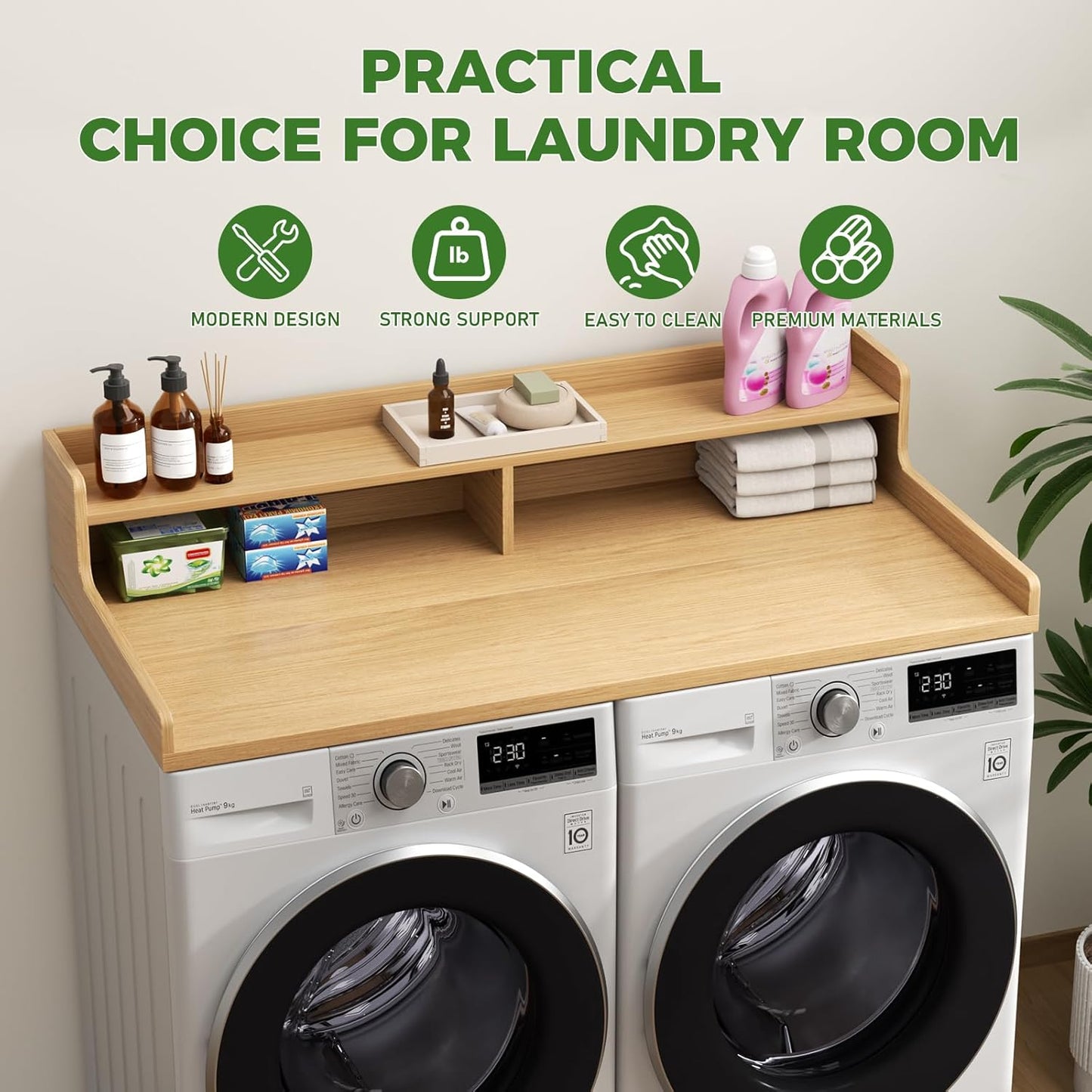 VOPEAK Washer and Dryer Countertop with Shelf, 2-Tier Washer Dryer Topper, 54" x 27.5" Spacious Laundry Countertop, Washing Machine Topper for Laundry Room Organization and Folding Clothes, Oak