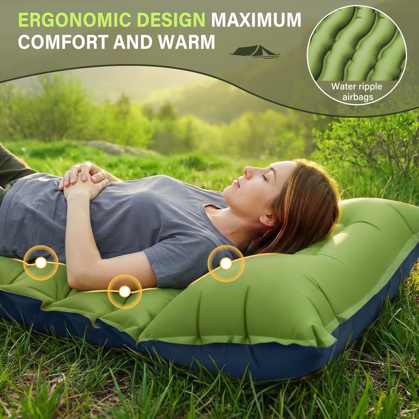 FUN PAC Camping Sleeping Pad, Ultralight Camping Mat with Pillow, Built-in Foot Pump Inflatable Sleeping Pads Compact for Camping Backpacking Hiking Traveling Tent,Single,Green