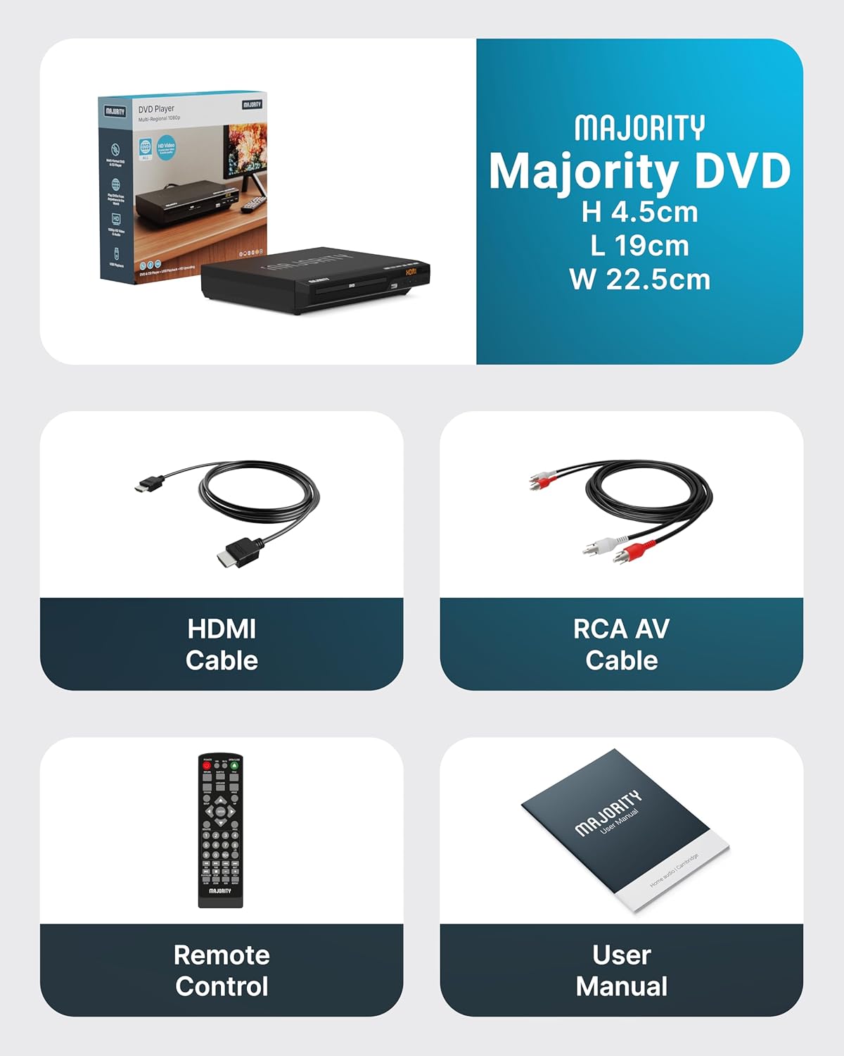2026 Model HDMI DVD Player for TV | 1080P Region Free DVD-Players for Smart TV | Mini DVD Player with USB, CD & MP3 | HDMI Cable, RCA Cable & Remoted Control | MAJORITY DVD