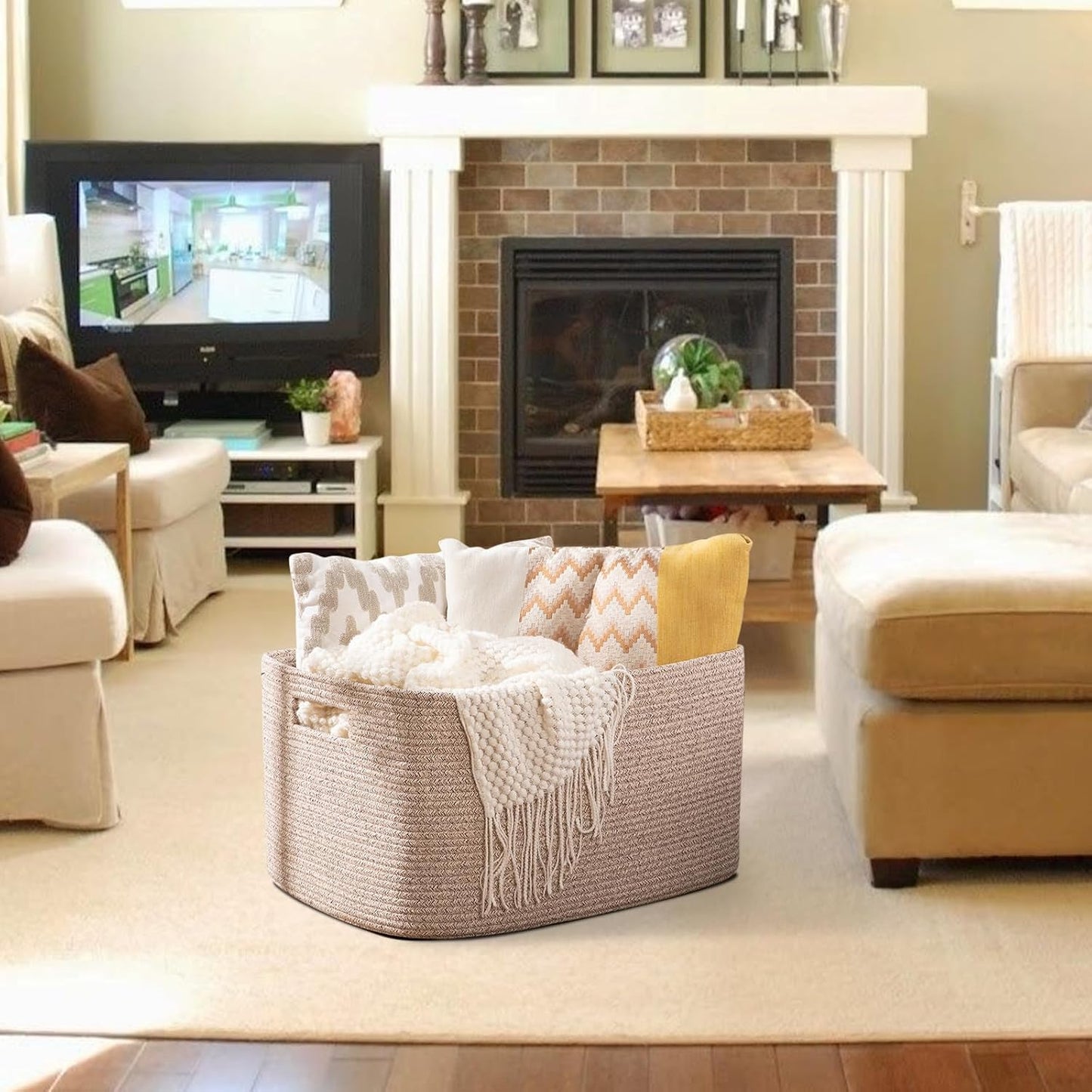 OIAHOMY XXLarge Rectangle Blanket Basket-96L, Cotton Woven Basket for Storage, Dirty Clothes Basket for Living Room, Nursery, Bedroom, Toy Organizing with Handle, 24" x 16" x 15",Brown variegated