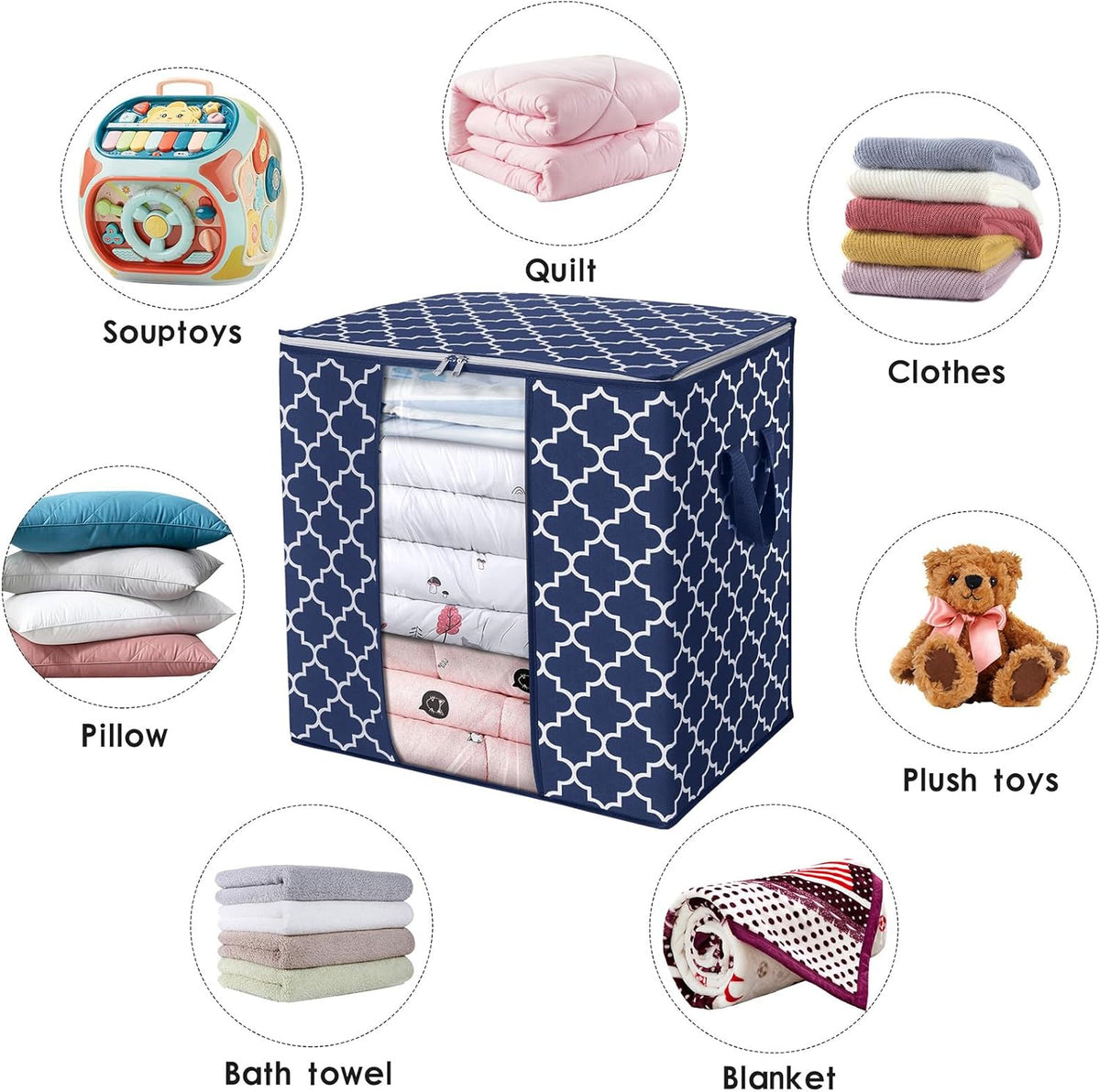 WISELIFE Storage Bags 3 Pack/100L Large Blanket Clothes Organization and Storage Containers for Comforters,Bedding, Foldable Organizer with Reinforced Handle, Clear Window, Sturdy Zippers,Blue