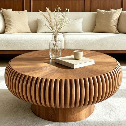 31" Brown Round Drum Wood Fluted Coffee Table (D, 1PC) | For Living Room, Wooden Grooves, Circle Pedestal Center Table, Farmhouse Modern Style, For Small Spaces, Easy Assembly
