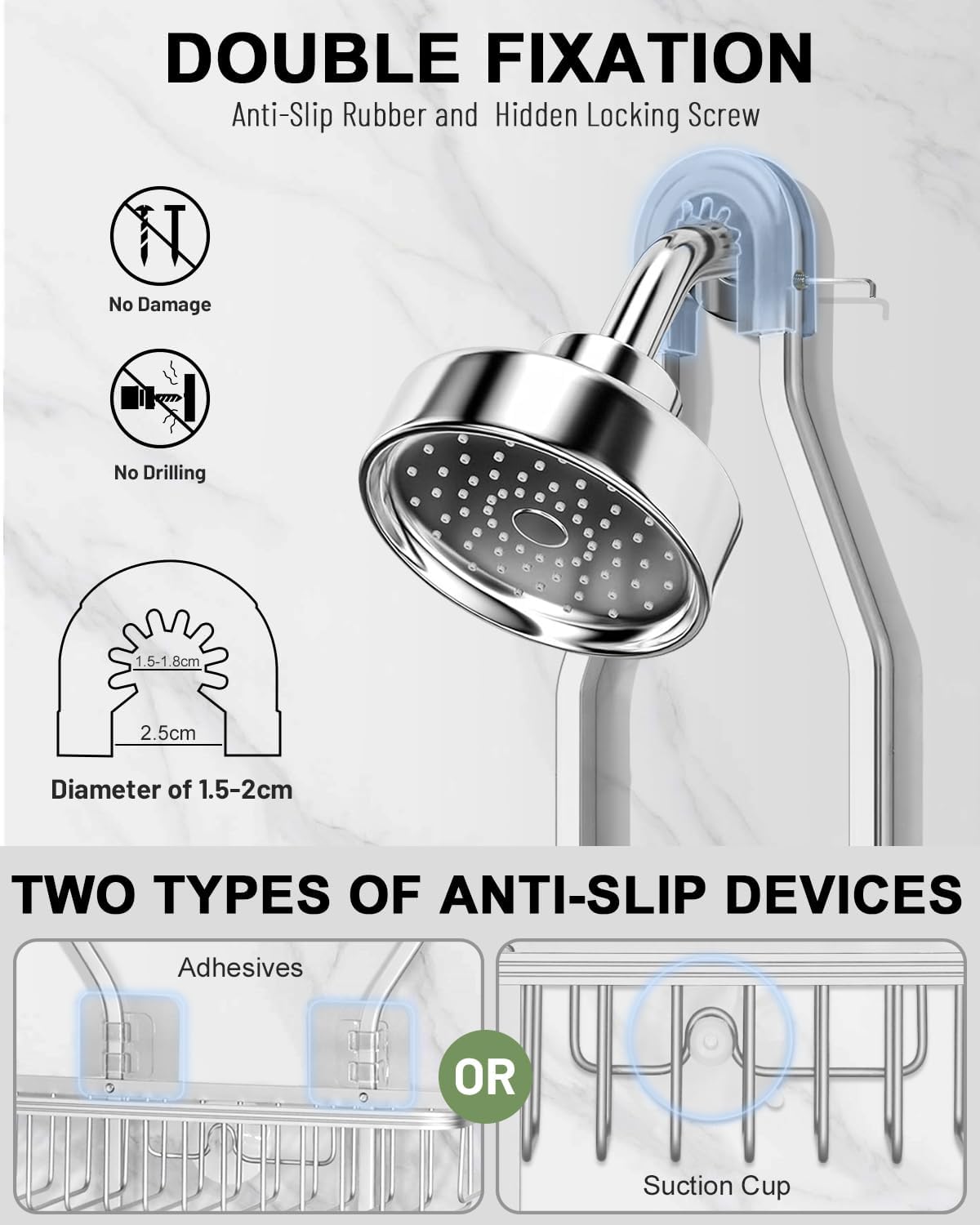 Shower Caddy Hanging - Never Rust Shower Hanging Organizer - Aluminum Over the ShowerHead Caddy with 6 Hooks for Razor/Sponge (Silver)