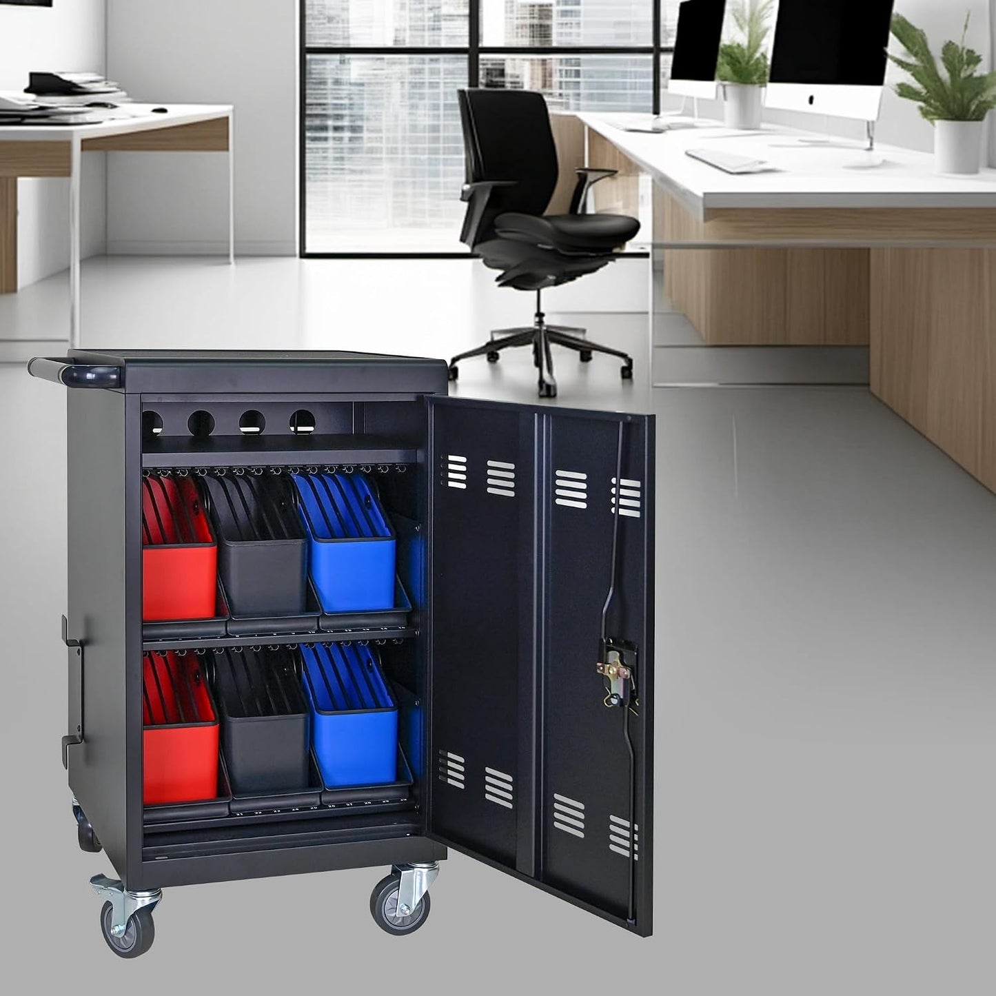 30-Device Charging Cart for Laptops, Lock, Black | Laptop Storage, 6×5-Slot Baskets, Cord Management, Access Lock, for iPads/Chromebooks, for School/Business