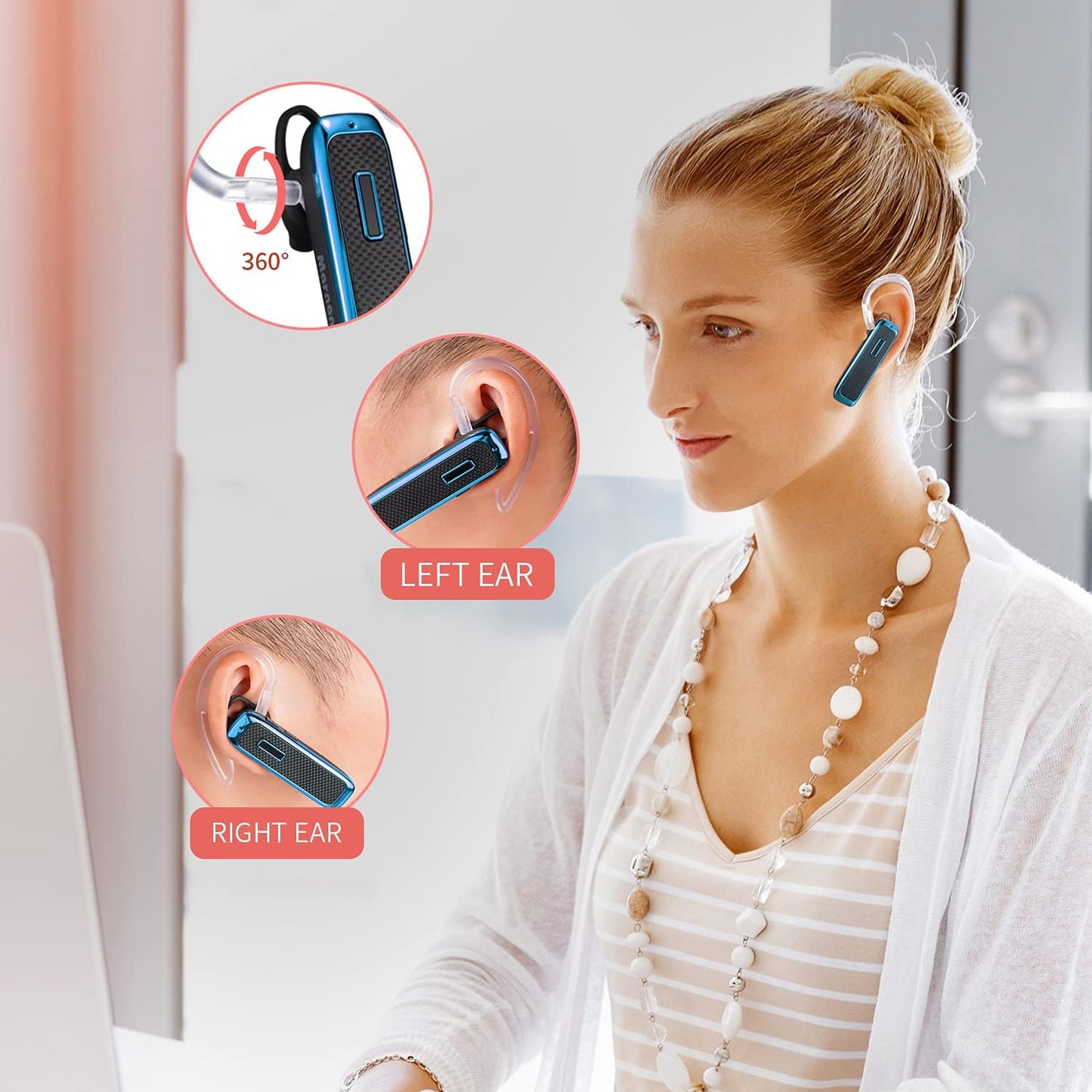 Bluetooth Headset, Wireless Bluetooth Earpiece w/ 18 Hours Playtime and Noise Cancelling Mic,Ultralight Earbud Headphone Hands-Free Calls for iPhone Tablet Samsung Android Cell Phones Truck Driver