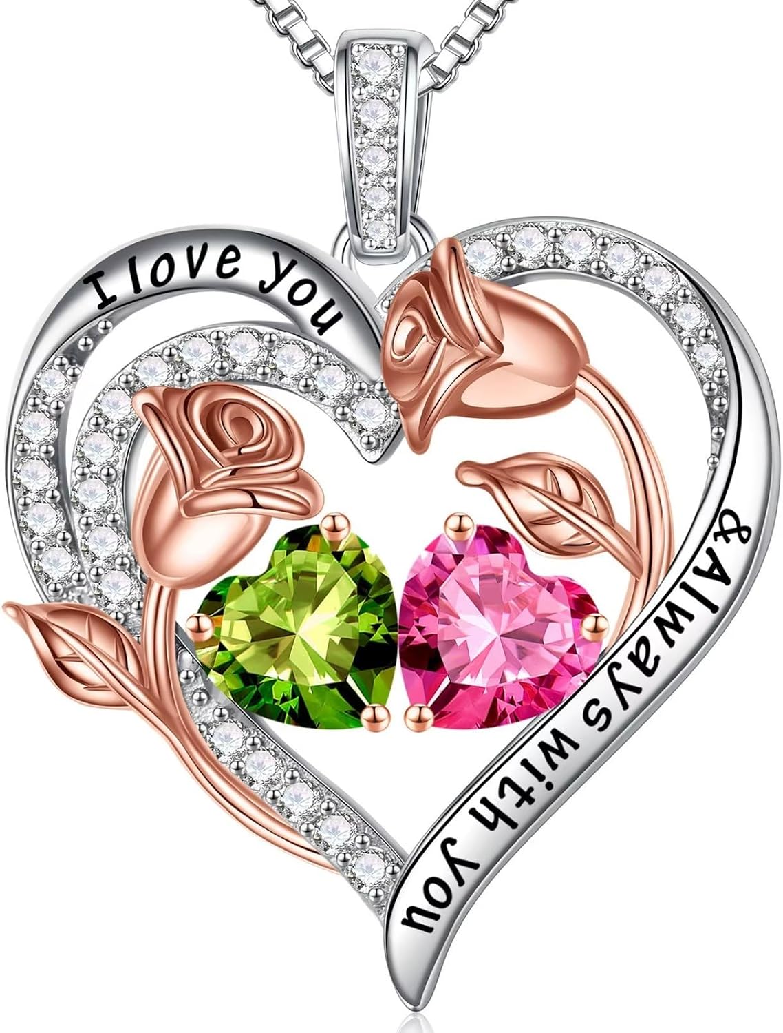 Iefil Birthstone Necklace for Women - Rose Heart Necklace