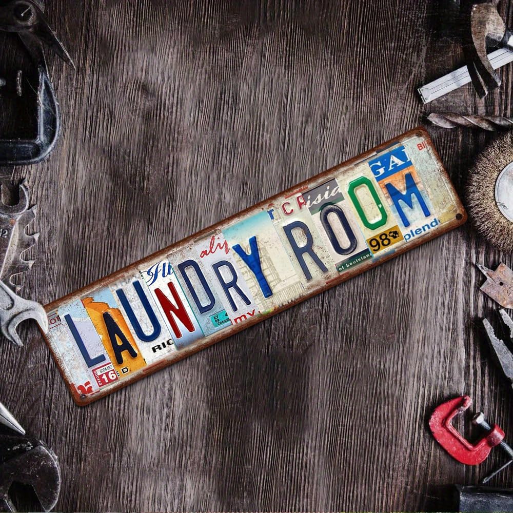Vintage License Plate LAUNDRY ROOM Sign – 16x4 Inch Rustic Tin Wall Décor for Laundry Area, Utility Room, Farmhouse, Mudroom or Home Washroom