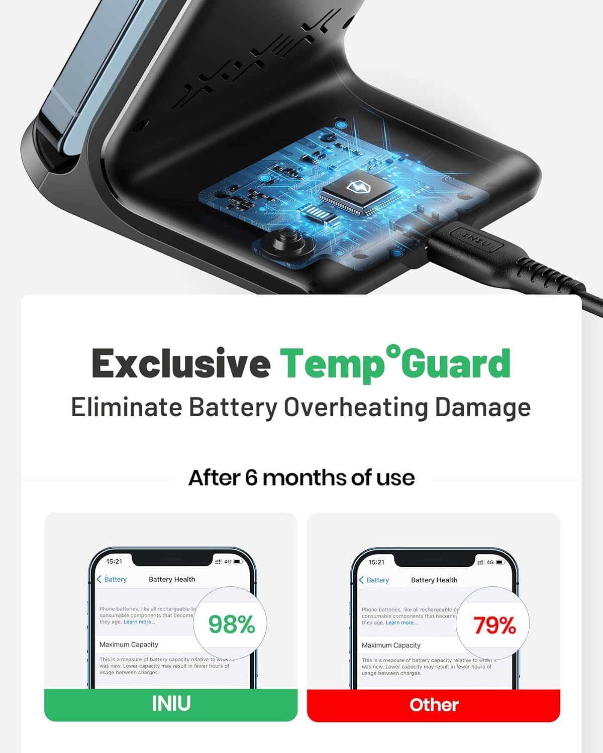 INIU Wireless Charger, 15W Fast Wireless Charging Station with Sleep-Friendly Adaptive Light Compatible with iPhone 17 16 15 14 13 12 Pro Max Samsung Galaxy S25 S24 S23 Note 20 Google etc