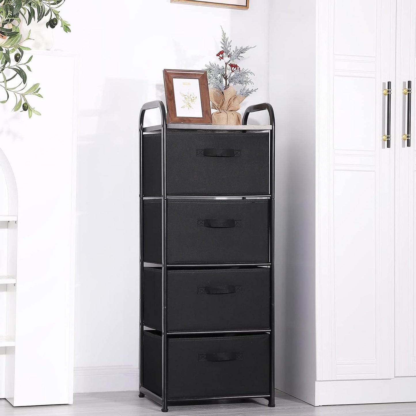 MAX Houser 4 Drawer Fabric Dresser Tall Storage Tower, Dresser Chest with Wood Top, Vertical Nightstand Side Organizer Unit with Metal Frame for Closets Bedroom Nursery Room Hallway(Black)