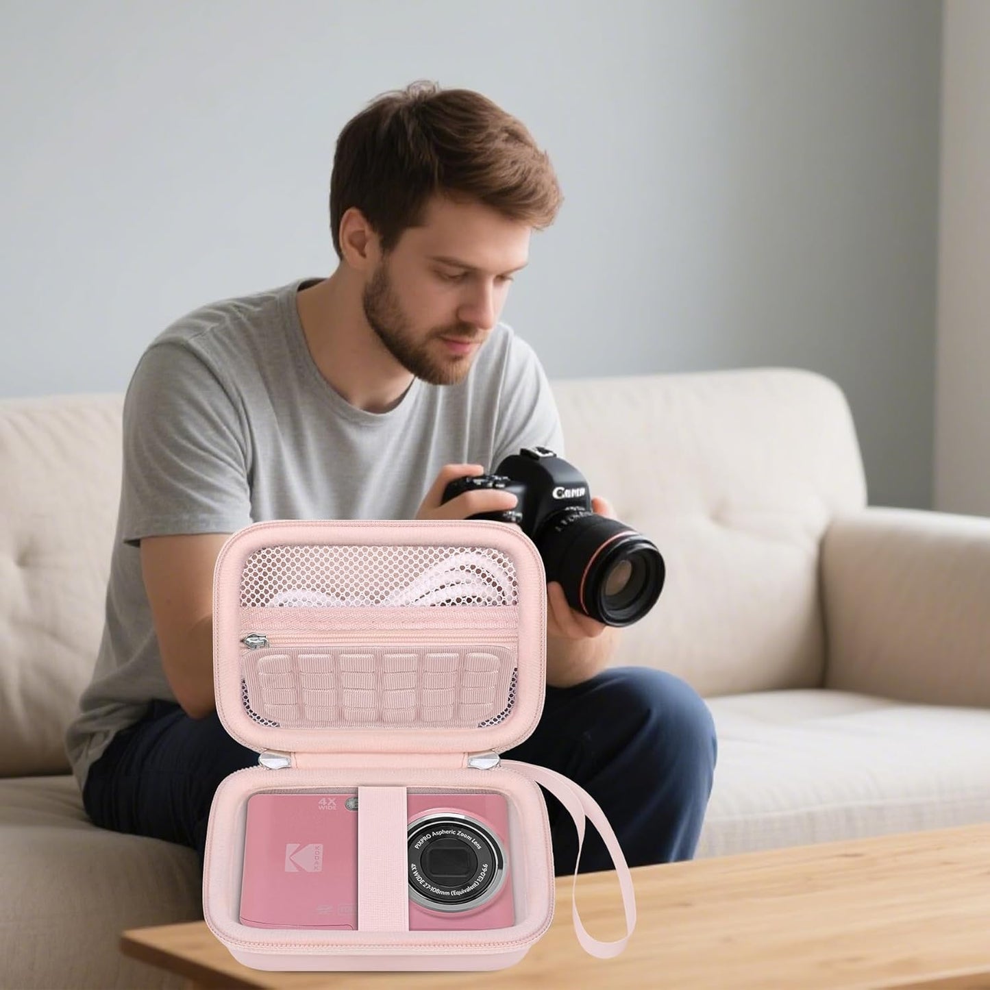 Elonbo Camera Carrying Case for KODAK PIXPRO FZ55 / FZ53 / FZ45 / FZ43 16MP Digital Camera, Vlogging Camera Storage Holder Travel Bag, Mesh Bag Fits Batteries, Cable, Memory Card, Card Reader, Pink