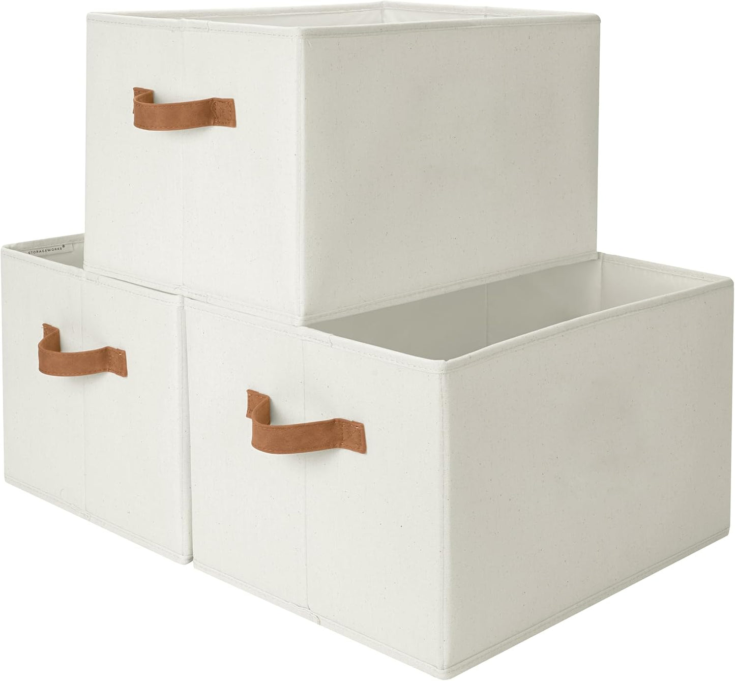 StorageWorks Closet Storage Bins with PU Handles, Ivory White, Extra Large | Foldable Storage Bins with PU Handles, Closet Storage Baskets, Fabric Bins for Clothes Storage