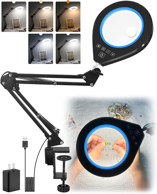Magnifying Glass with Light and Stand, 10X & 5X Desk Magnifying Lamp, Stepless Dimmable Magnifier with Light, Adjustable 10 Brightness Level and 5 Color Modes Clamp Lamp for Craft Workbench (Blue)