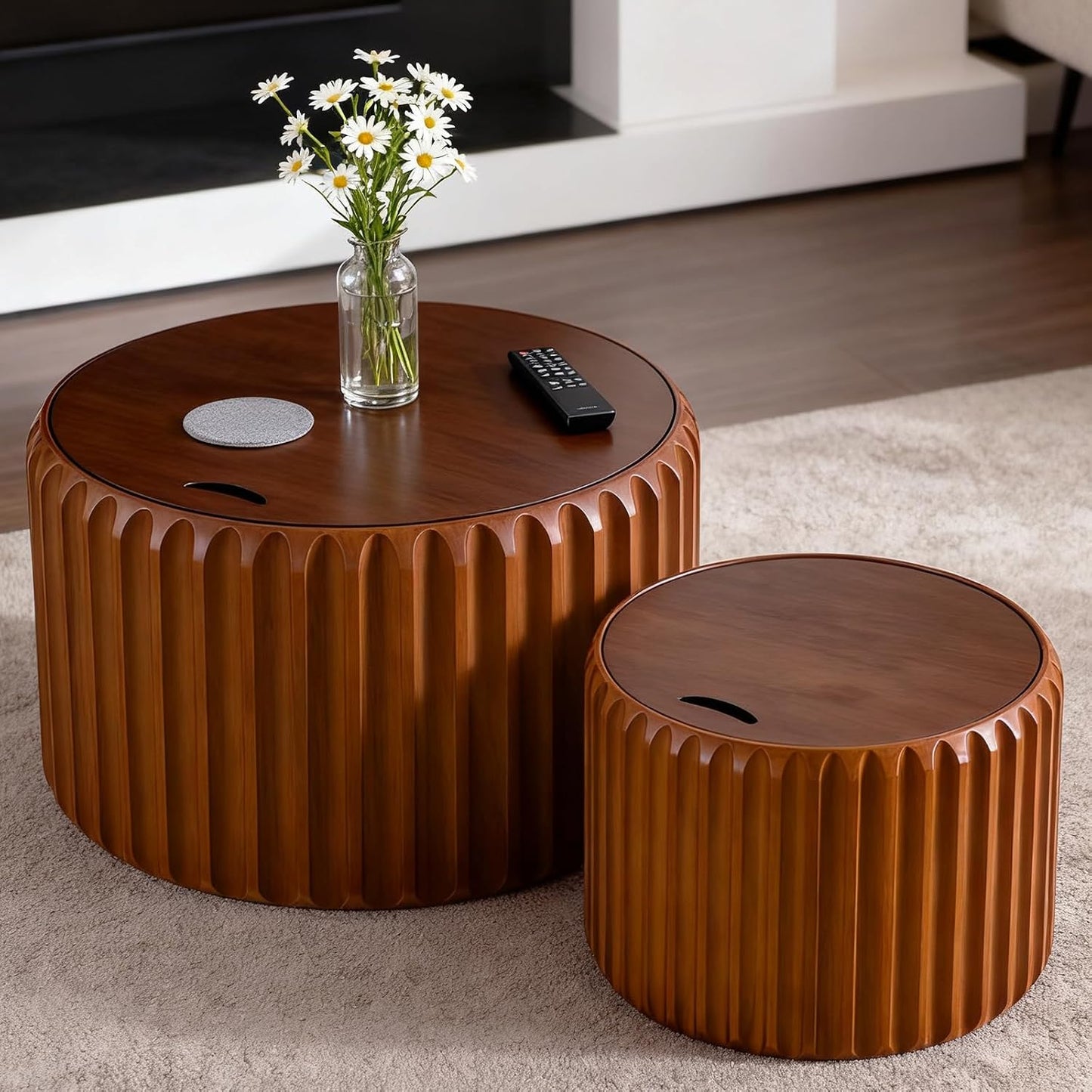 26" Round Nesting Coffee Table Set of 2 with Storage, A | Flip-Top Lid, Wood Veneer Tableop, Wood Groove, Non-Slip Pad, For Living Room, Nesting Design, 2-Piece End Table Sets