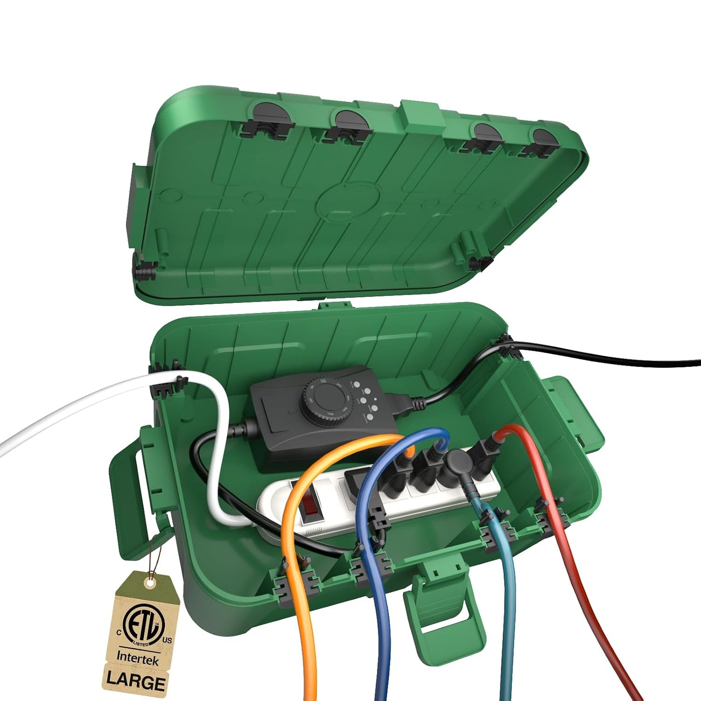 Flemoon Large Outdoor Electrical Box, Waterproof Extension Cord Cover | Inner Size 12 x 7.4 x 3.9 Inch, 6 Cable Entry Ports, IP54 Weatherproof Connection Box for Outlet, Timer, Holiday Light, Green
