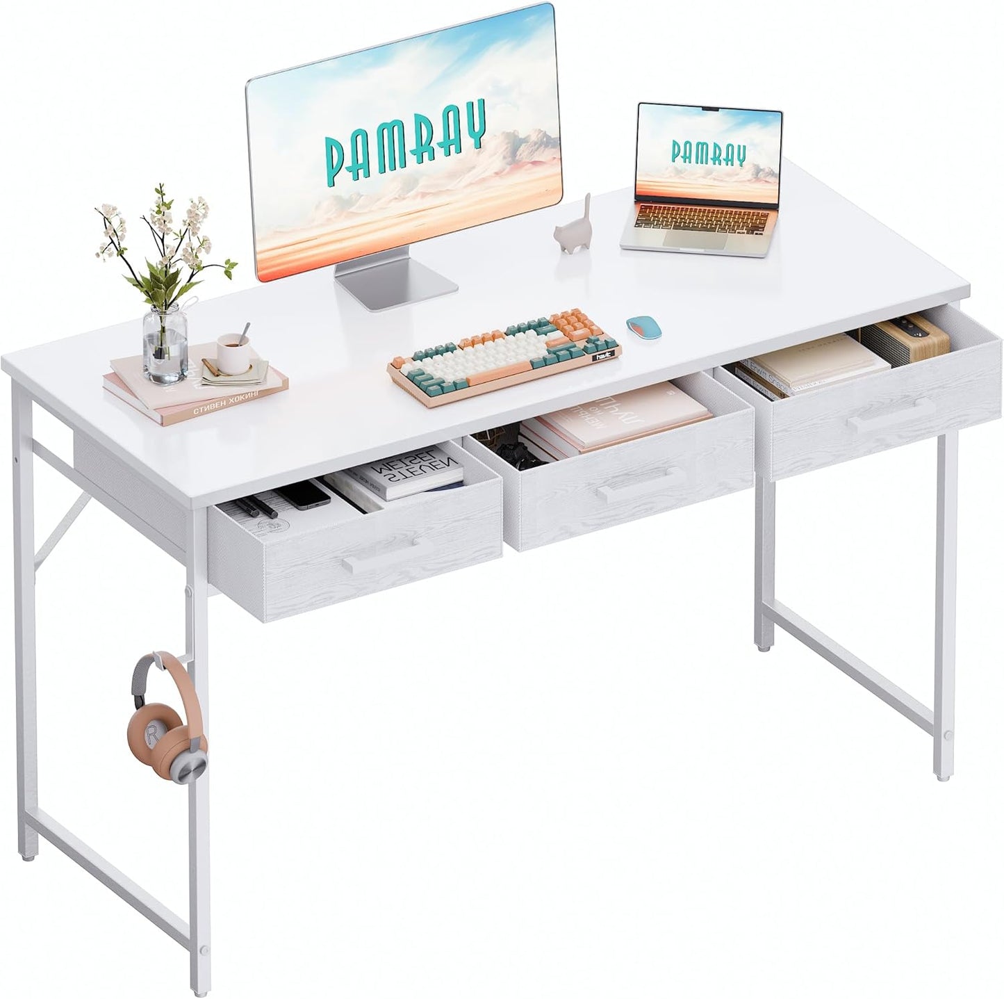 Pamray 32 Inch Small Computer Desk with 2 Drawers for Bedroom Study Writing Home Office Table for Small Spaces Black