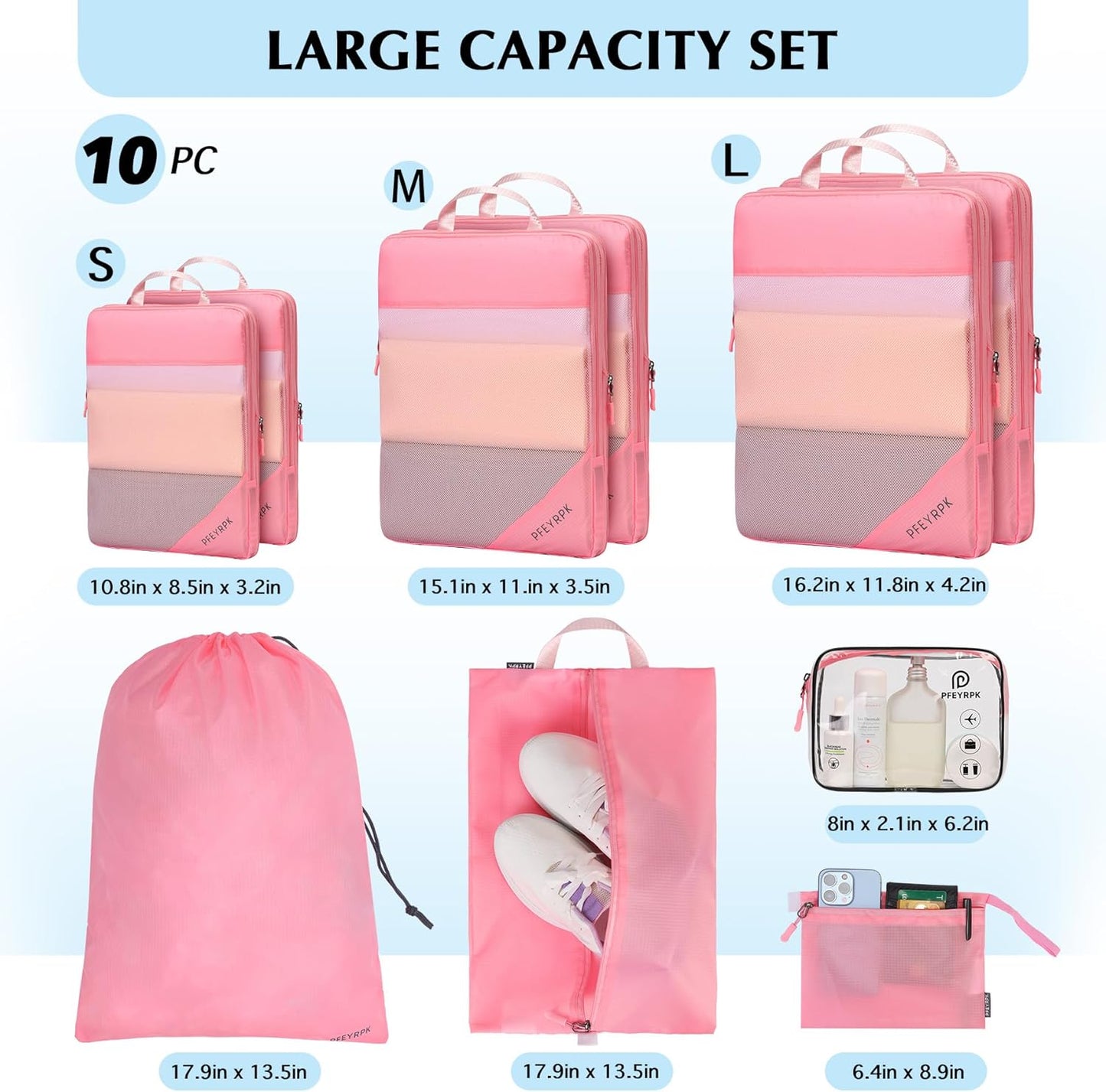 PFEYRPK Lightweight Compression Packing Cubes for Suitcases, Compressible Expandable Travel Packing Organizer with Clear Toiletries and Backpack Bag, Travel Essentials for Carry on Luggage 7 Set