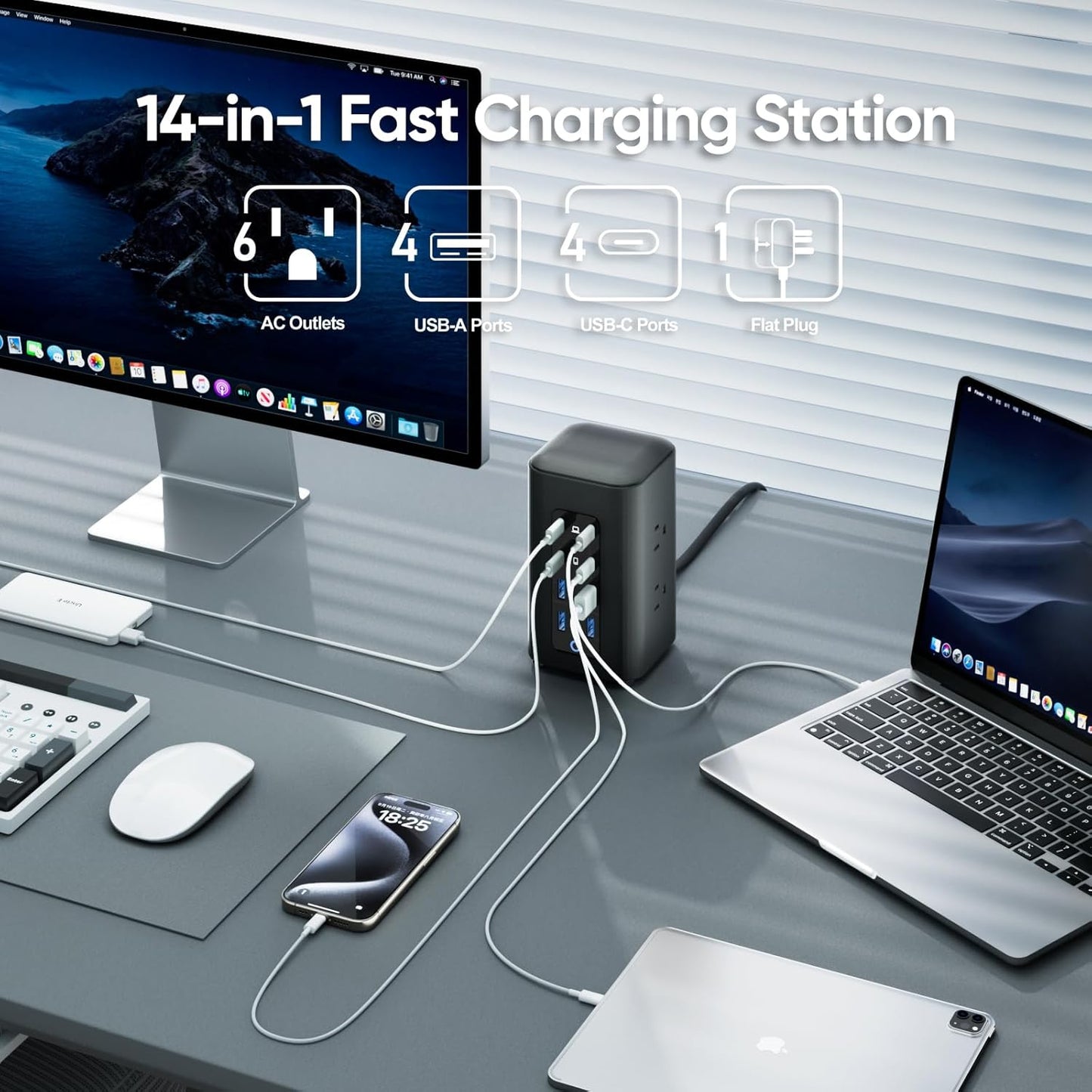 TenTrend Power Strip Tower, 230W Total Fast Charging Station for Multiple Devices, 5FT Extension Cord Tower with 6 Outlets 8 USB(4 USB C), 2000J Surge Protector for Home Office, Dorm Essentials