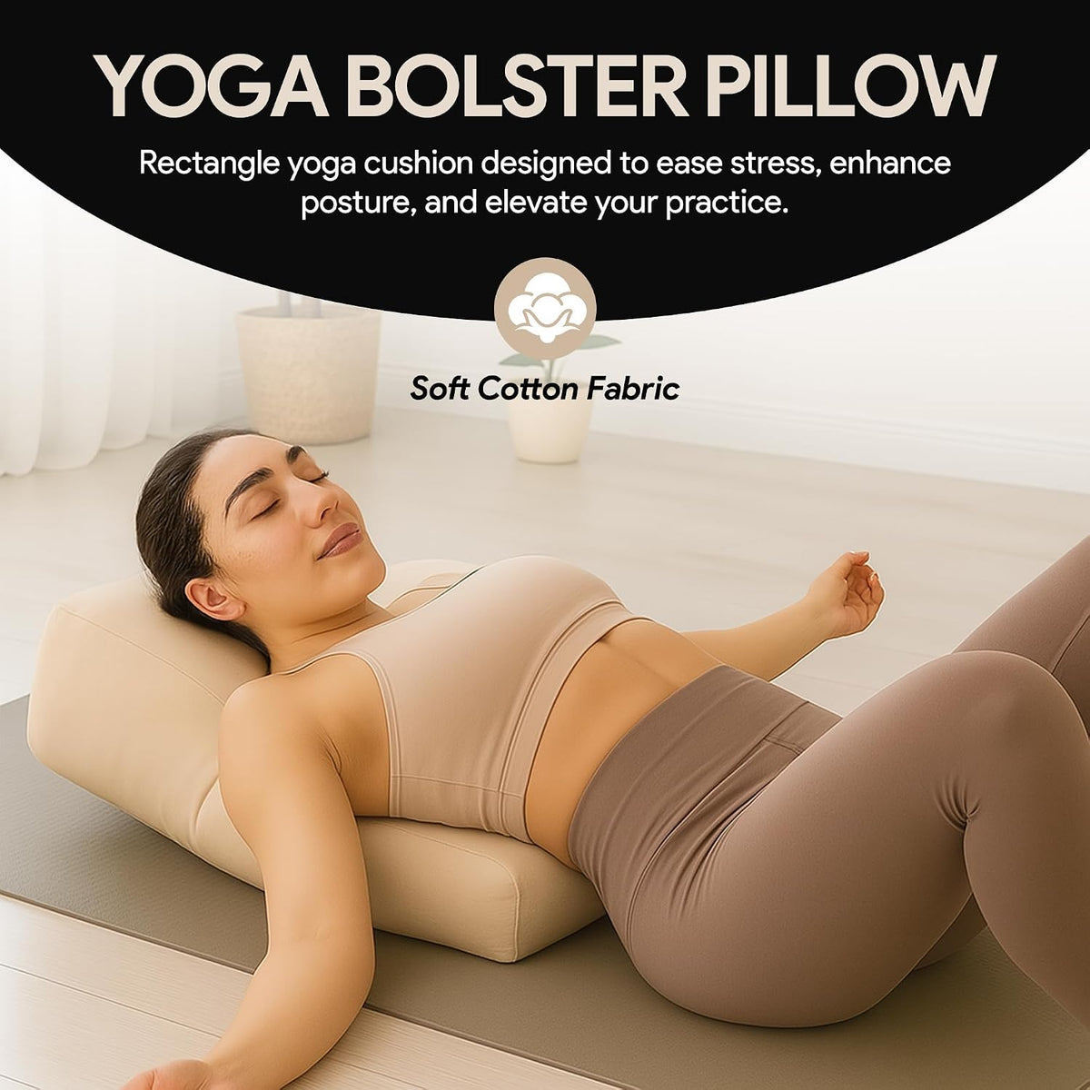 Rectangular Yoga Bolster Pillow for Meditation, Yoga & Back Support – Soft Meditation Cushion with Removable Hand Wash Cotton Cover & Carry Handle (beige)