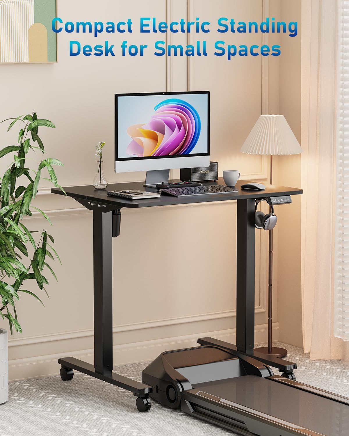 32" Small Electric Rolling Standing Desk Adjustable Height, Mobile Sit Stand up Desk with Lockable Casters for Home Office & Computer Workstation, Splice Board, 2 Hooks, Black Frame/Black Top