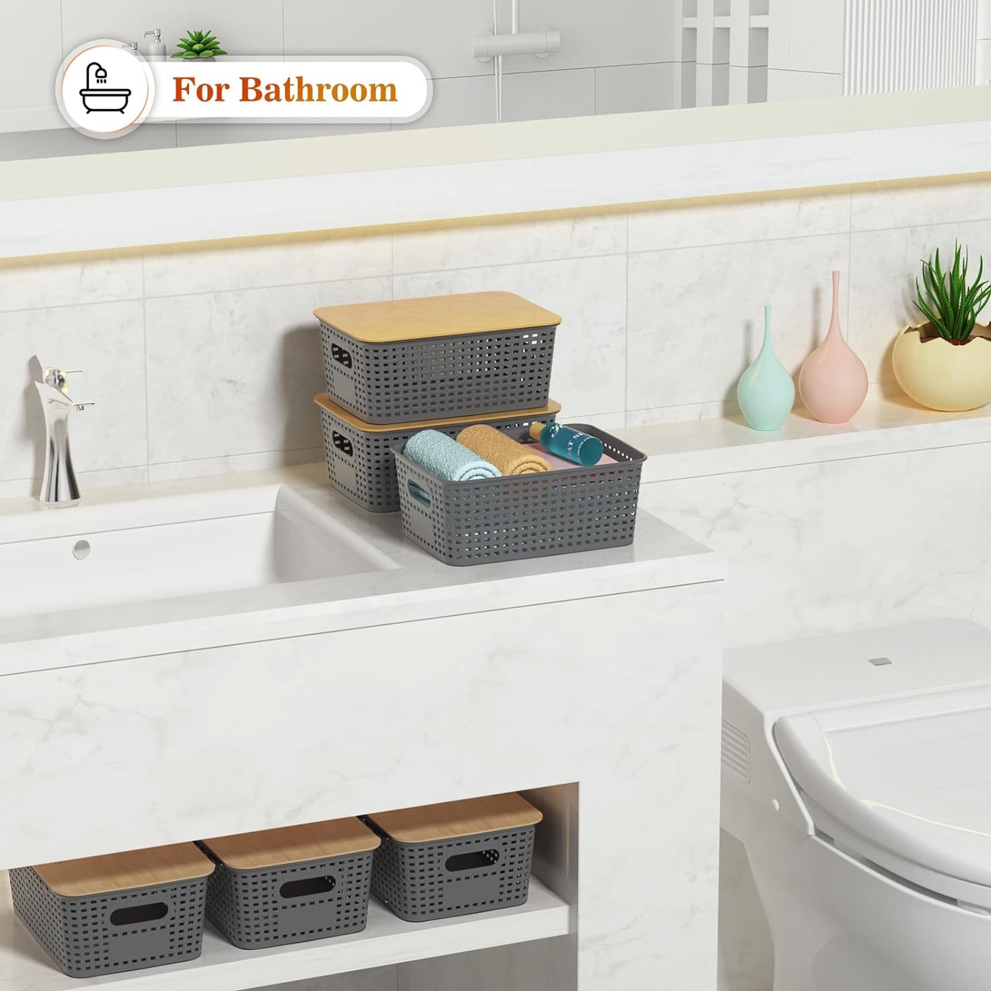 Ohmlove 6 Pack Plastic Storage Baskets with Bamboo Lids for Organization