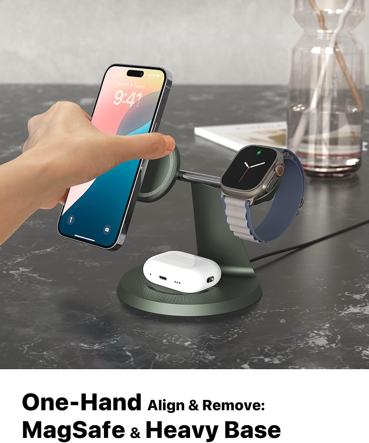 ZECHIN 3 in 1 Wireless Charging Station for Apple Devices with MagSafe | Charging for iPhone 17/Air/16/15/14/13, AirPods, Apple Watch, Weighted Stable Charging Stand, USB-C Adapter Included