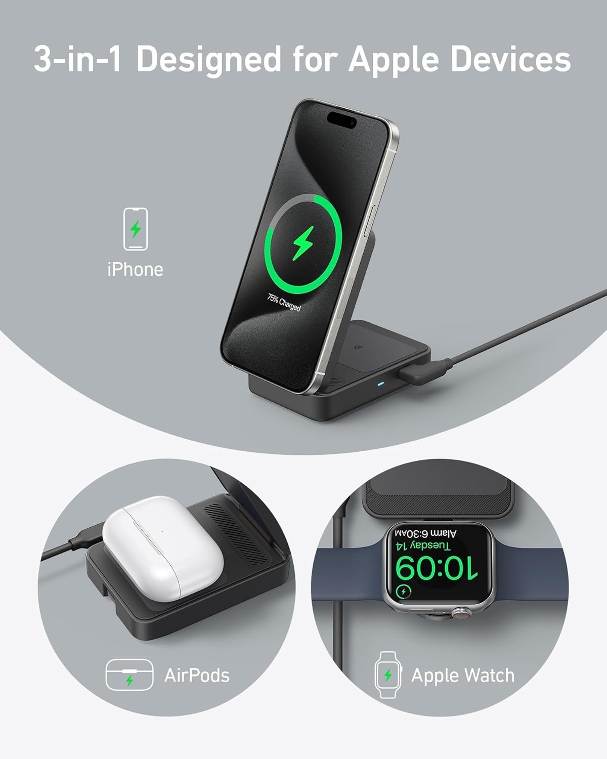 Anker MagGo 3 in 1 iPhone 17 Charging Station, MagSafe-Compatible Wireless Charger Stand, Qi2 Certified 15W Foldable Charger for iPhone 17/16/15/14/13/12, AirPods, Apple Watch Ultra(Adapter Included)