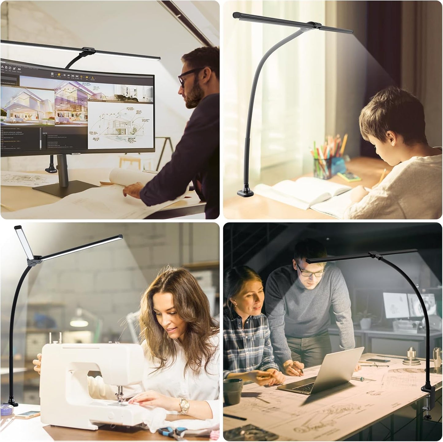 ShineTech LED Desk Lamp for Home Office, 3000K Warm White Double Head Architect Task Lamps with Clamp, Dimmable Adjustable Flexible, Black