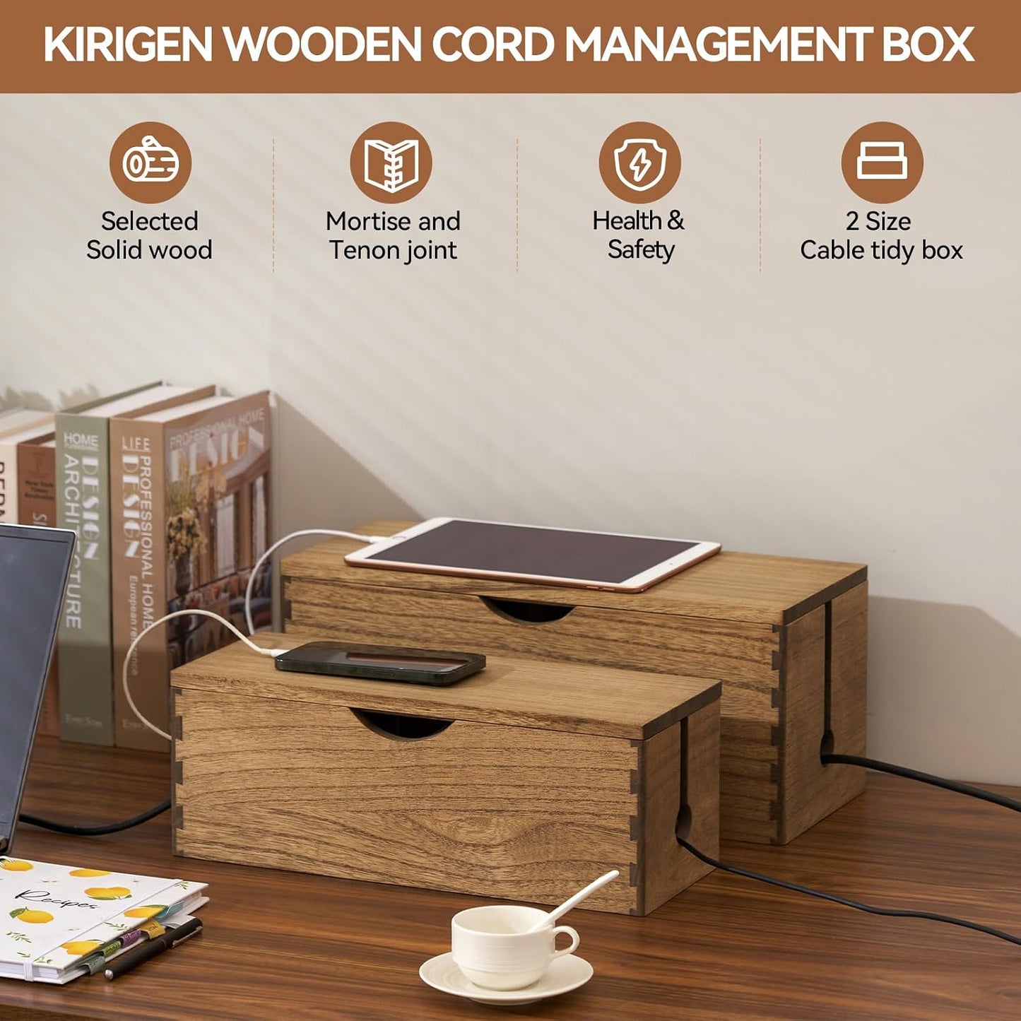 KIRIGEN Wooden Cable Management Box Set of 2, Cord Organizer, Brown | Large and Small Solid Wood Boxes with Removable Lids for Power Strips, Chargers, Routers, and Desks Home Office