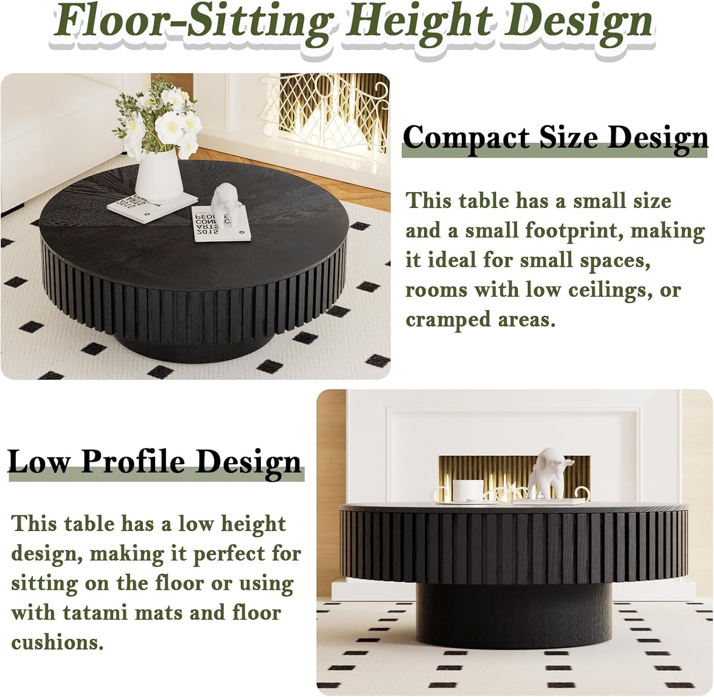 31 inch Black Round Fluted Coffee Table with Storage (B, 1PC) | Mid Century Modern Style, Low Circle Drum Center Table with Flip-Top, Wood Fluted Stripe, For Living Room, For Small Space